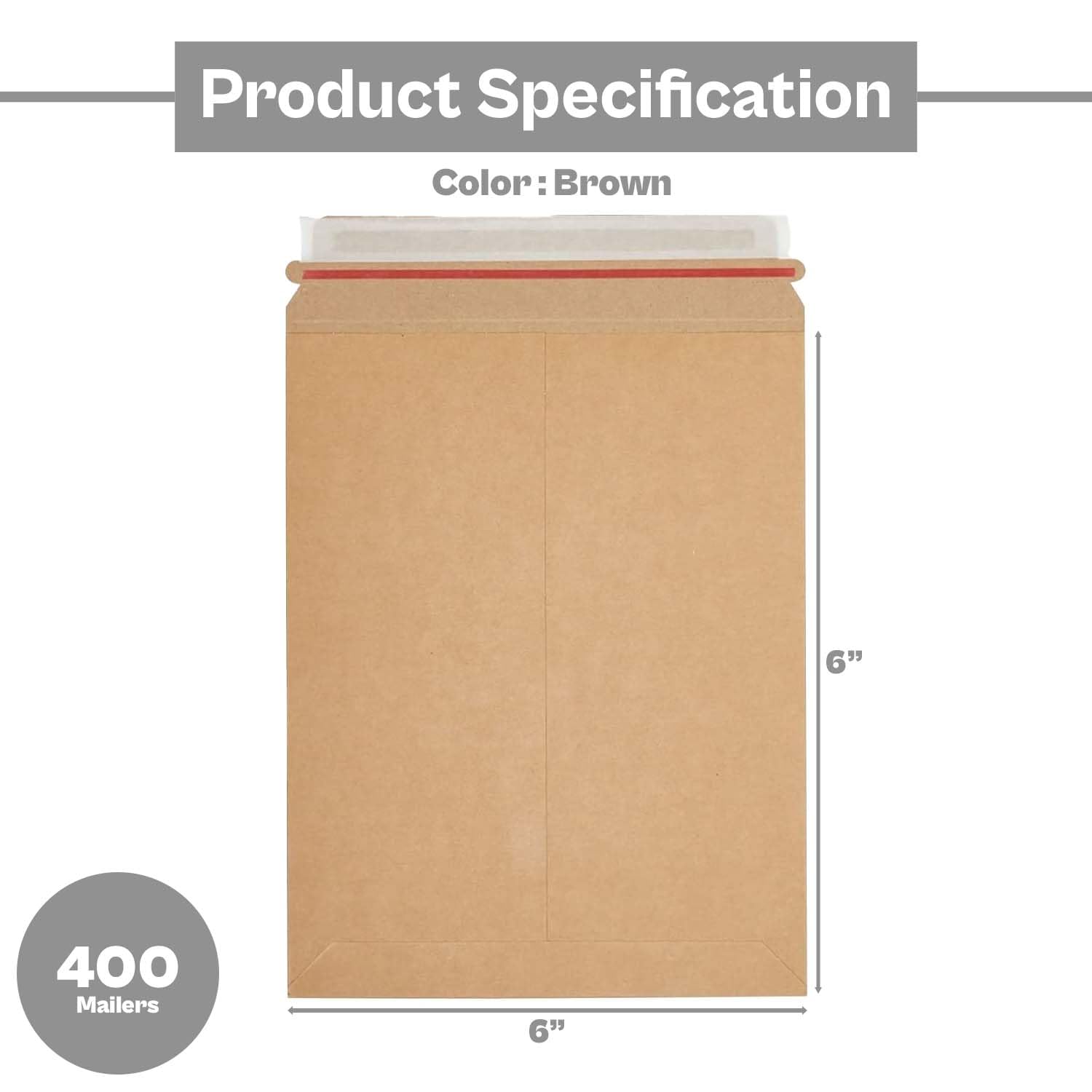 PSBM 6x6 Inch Rigid Mailers - 400 Pack Kraft Brown Cardboard Shipping Envelopes for Photos & Documents | Self Seal | Perfect for Ecommerce, Small Business & Office Mailings