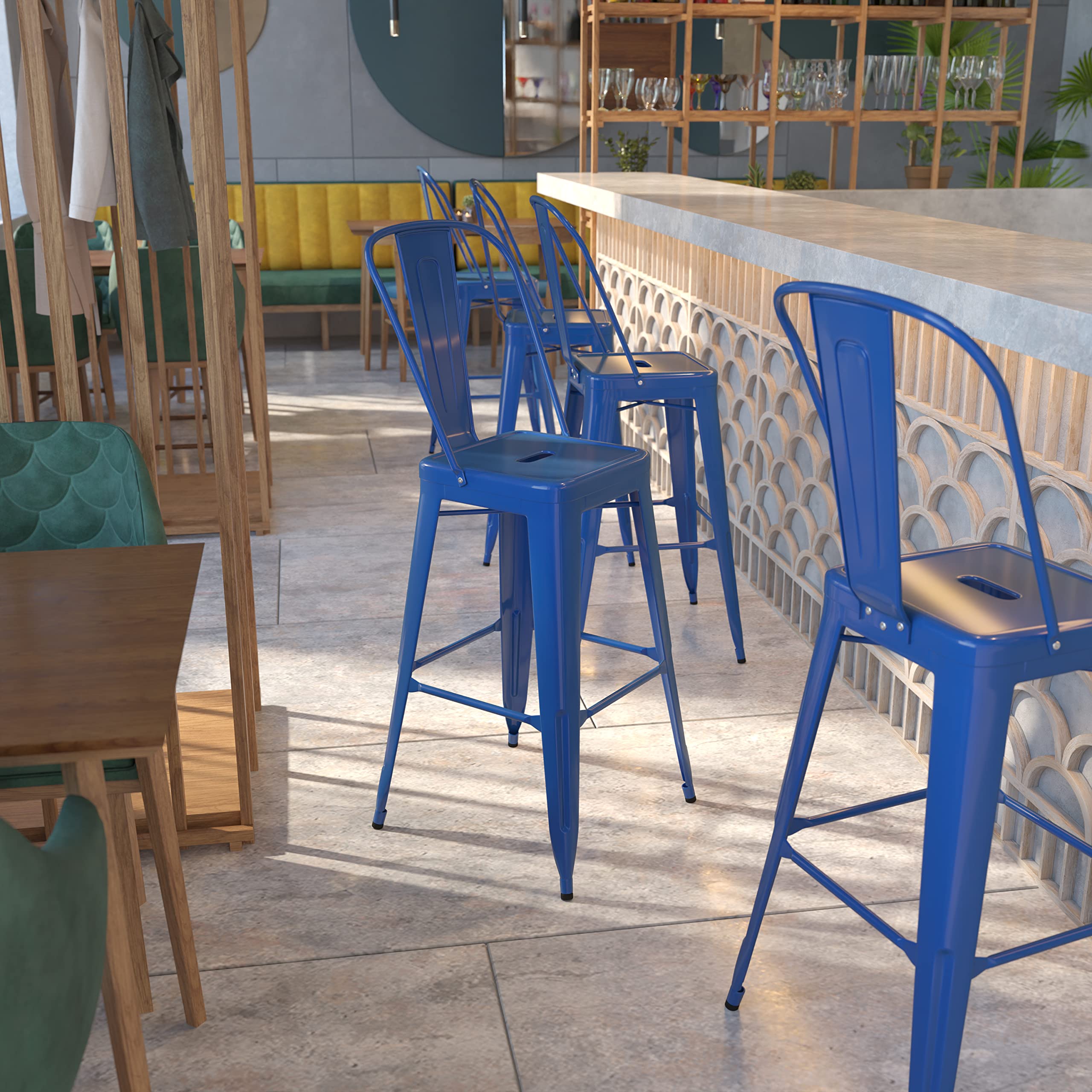 EMMA + OLIVER 30 Inch Commercial Grade Blue Metal Bar Stool with Back - Heavy Duty Indoor Outdoor Counter Height Stool for Kitchen Island, Bar, Restaurant & Patio