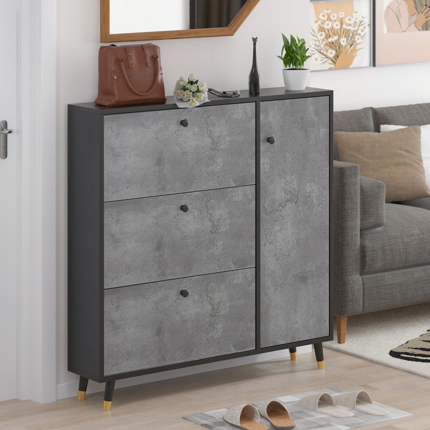DiDuGo 3-Tier Wooden Shoe Storage Cabinet with Locker & Wooden Legs - Entryway Shoe Organizer for Hallway, Closet or Living Room (47.2”W x 9.4”D x 47.2”H, Grey) - Perfect for Small Spaces, Apartment Entryways & Shoe Organization