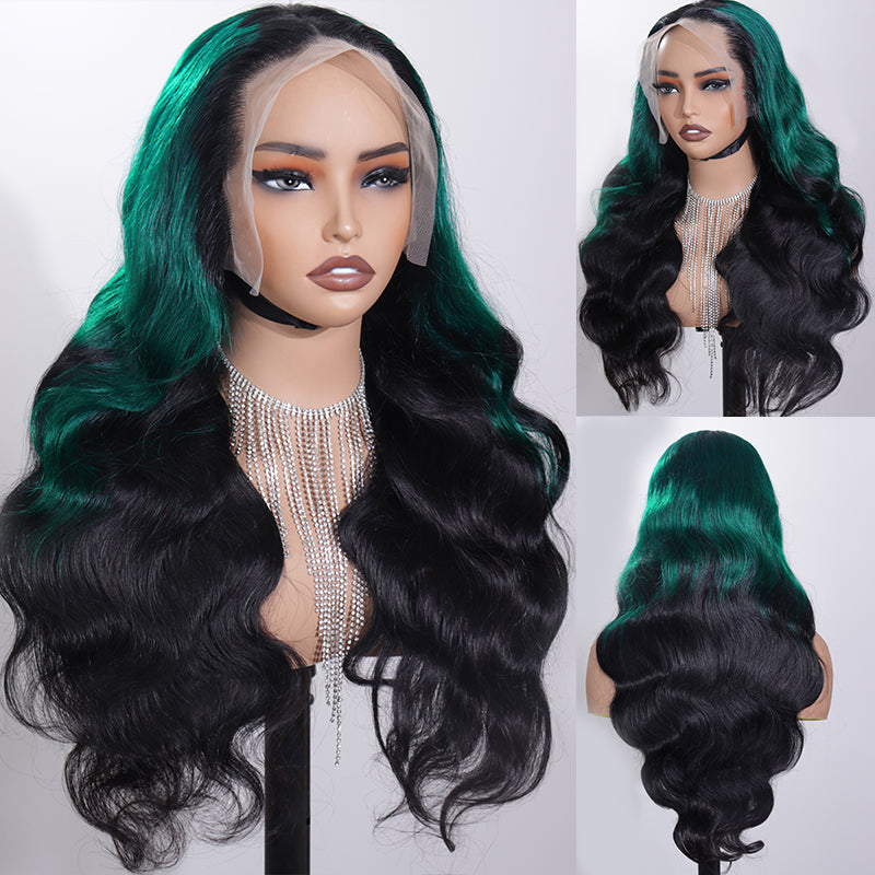 Eullair Ombre Dark Green Black Body Wave Lace Front Wig 1B Roots Pre-Colored Human Hair Lace Wig for Women - Perfect for Cosplay, Parties & Daily Styling (EW013)