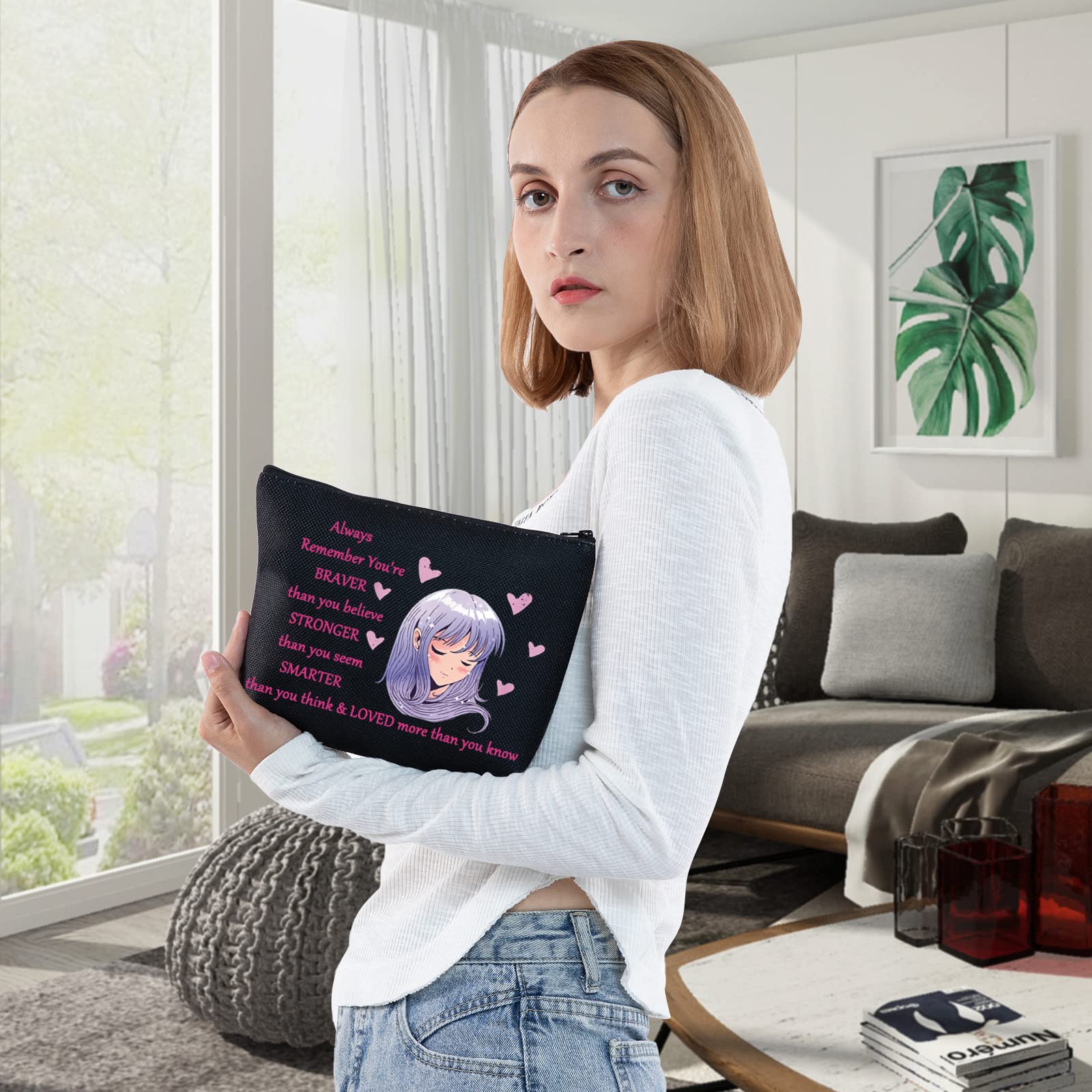 Anime Makeup Bag for Women & Teens - WZMPA Cute Cosmetic Pouch with Inspirational Quote 'You Are Braver Stronger Smarter Than You Think' - Perfect Gift for Anime Fans, Japan Anime Lovers & BL Enthusiasts - Great for School, Travel & Cosplay Accessories