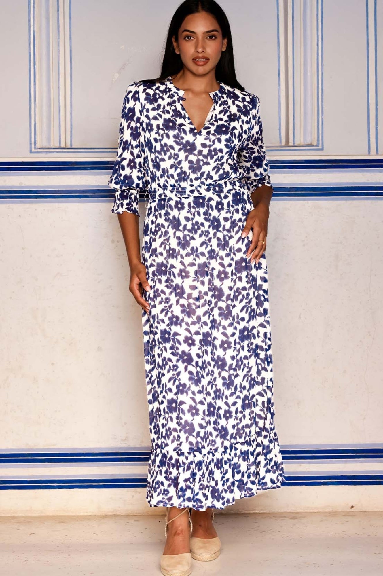 Maeve Georgette Dress - Floral Navy & White Flowy Midi Dress for Women | Perfect for Summer Weddings, Garden Parties & Date Nights