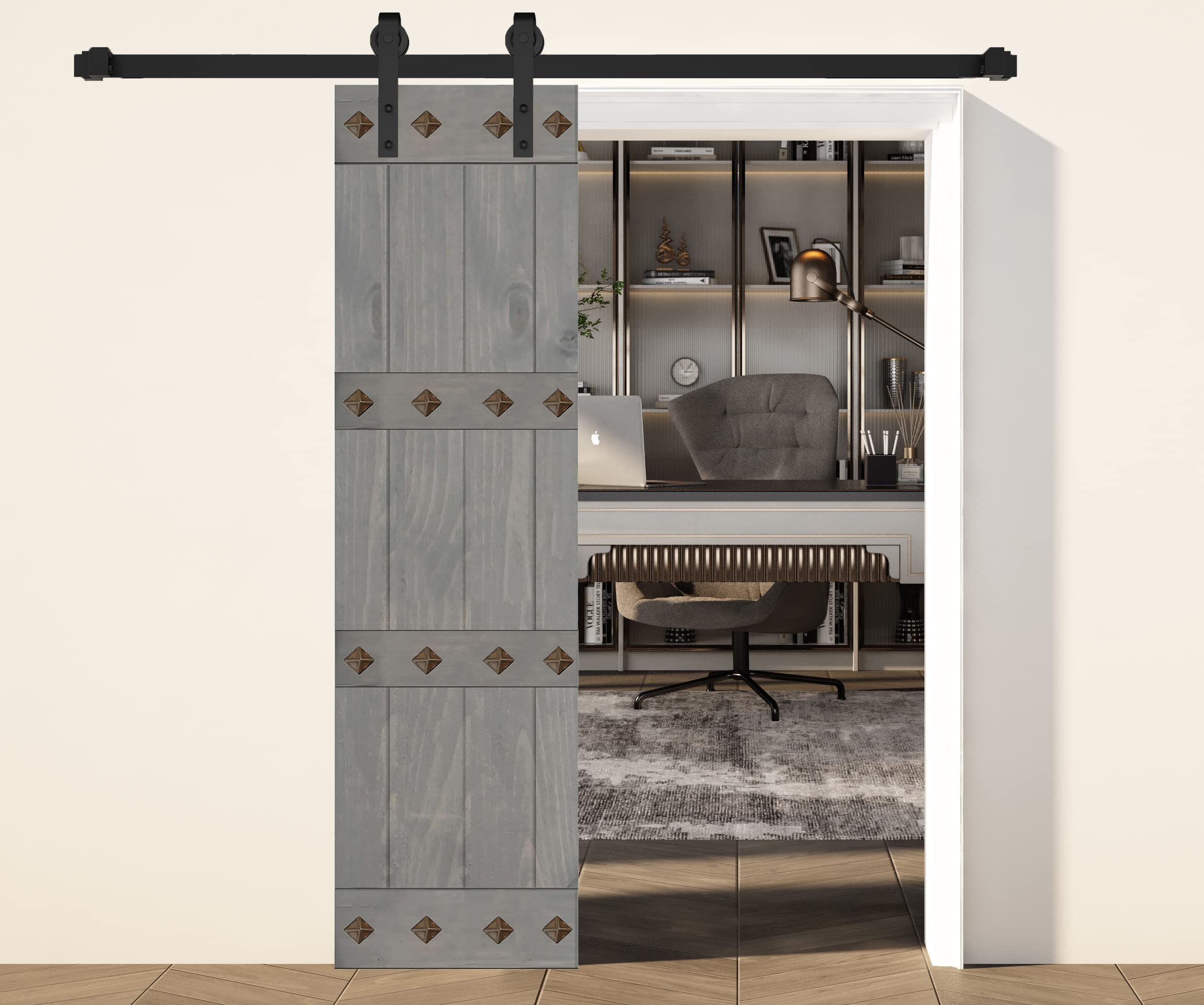 24in x 84in DIY Sliding Barn Door Kit - Mid-Century Modern Knotty Pine Wood Interior Door Slab - French Gray Finish - Easy Assembly (Hardware Not Included) | Perfect for Bedroom, Closet, or Home Office Renovation