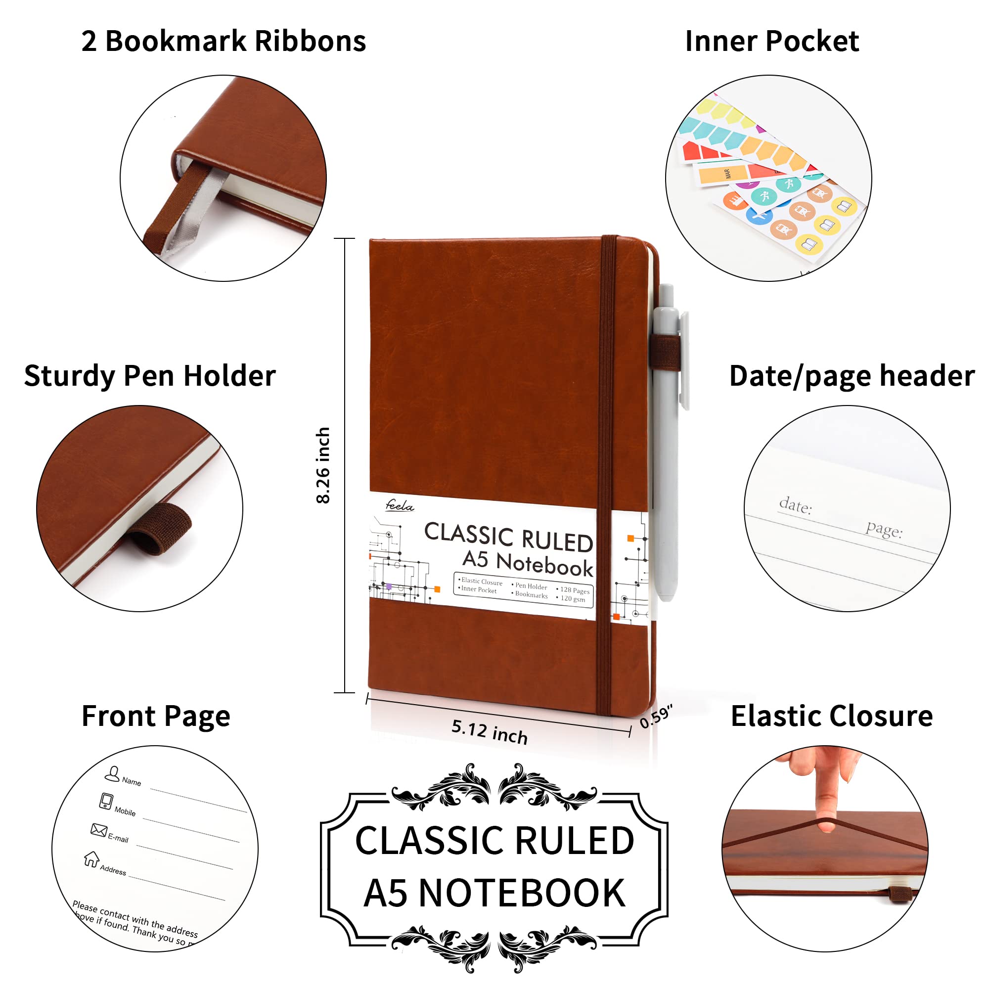 5-Pack Hardcover Classic Ruled Notebook Journals with Pen Holder - A5 Size (5.1