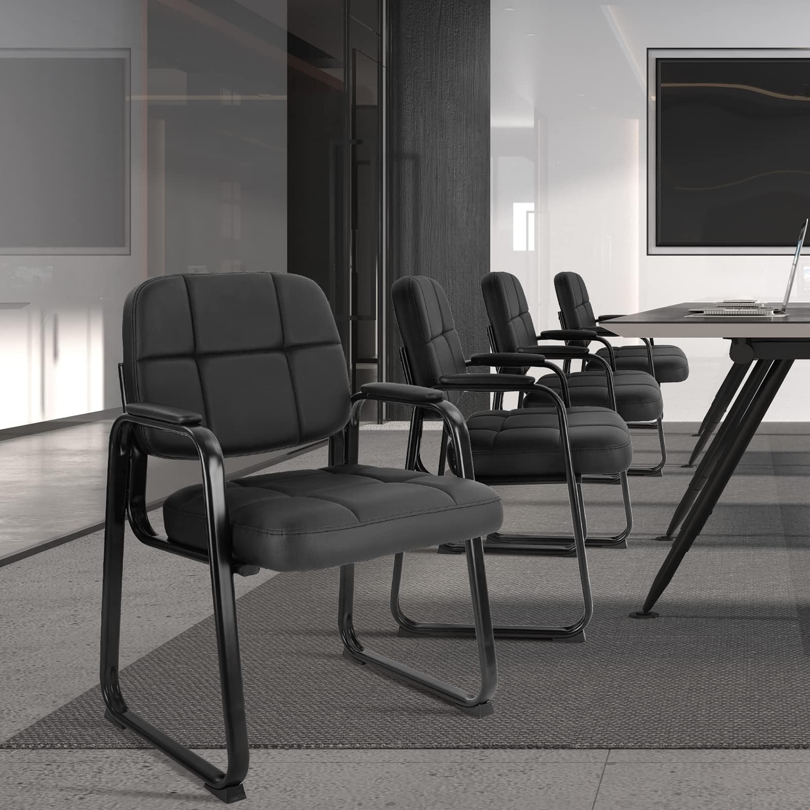 CLATINA 2-Pack Black Leather Waiting Room Chairs - Padded Arm Guest Chairs with Sled Base for Office Reception, Conference Rooms & Lobby Seating | Durable No-Wheels Design for Professional Spaces