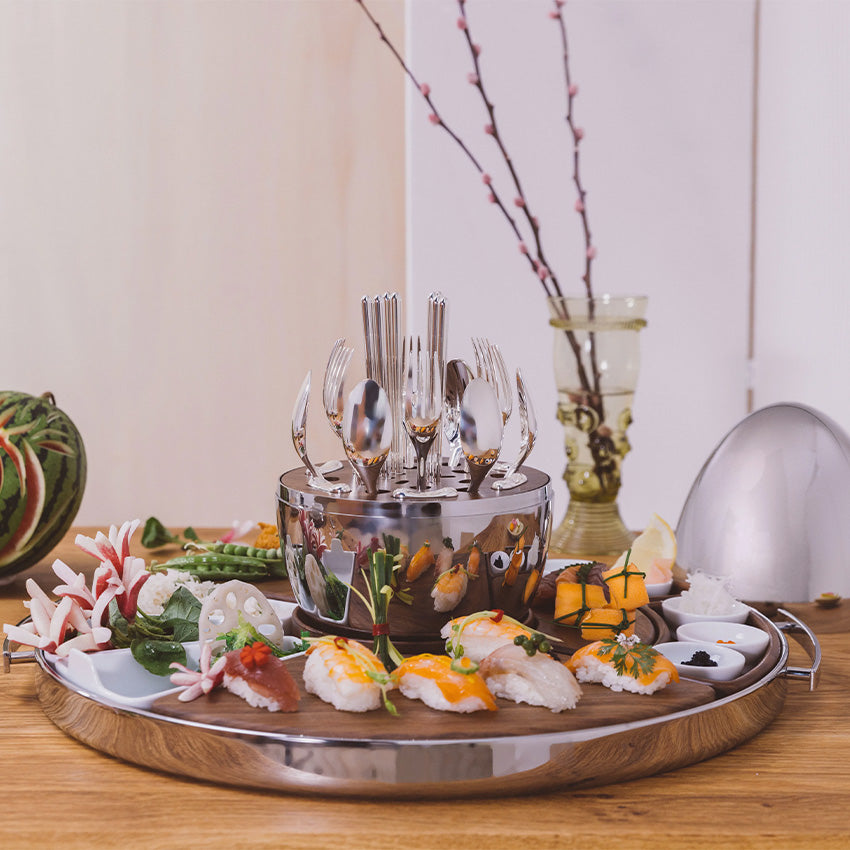 Christofle Mood Asia Tray - Premium Stainless Steel, Porcelain & Walnut Wood Serving Tray for Dining, Entertaining & Home Decor