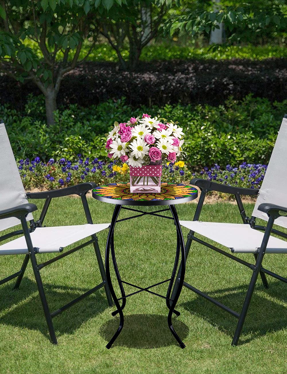 VCUTEKA Yellow Sunflower Mosaic Outdoor Side Table - 14 Inch Round Glass Top Patio Coffee Table for Balcony, Garden & Indoor Decor | Perfect for Drinks, Books & Plant Display