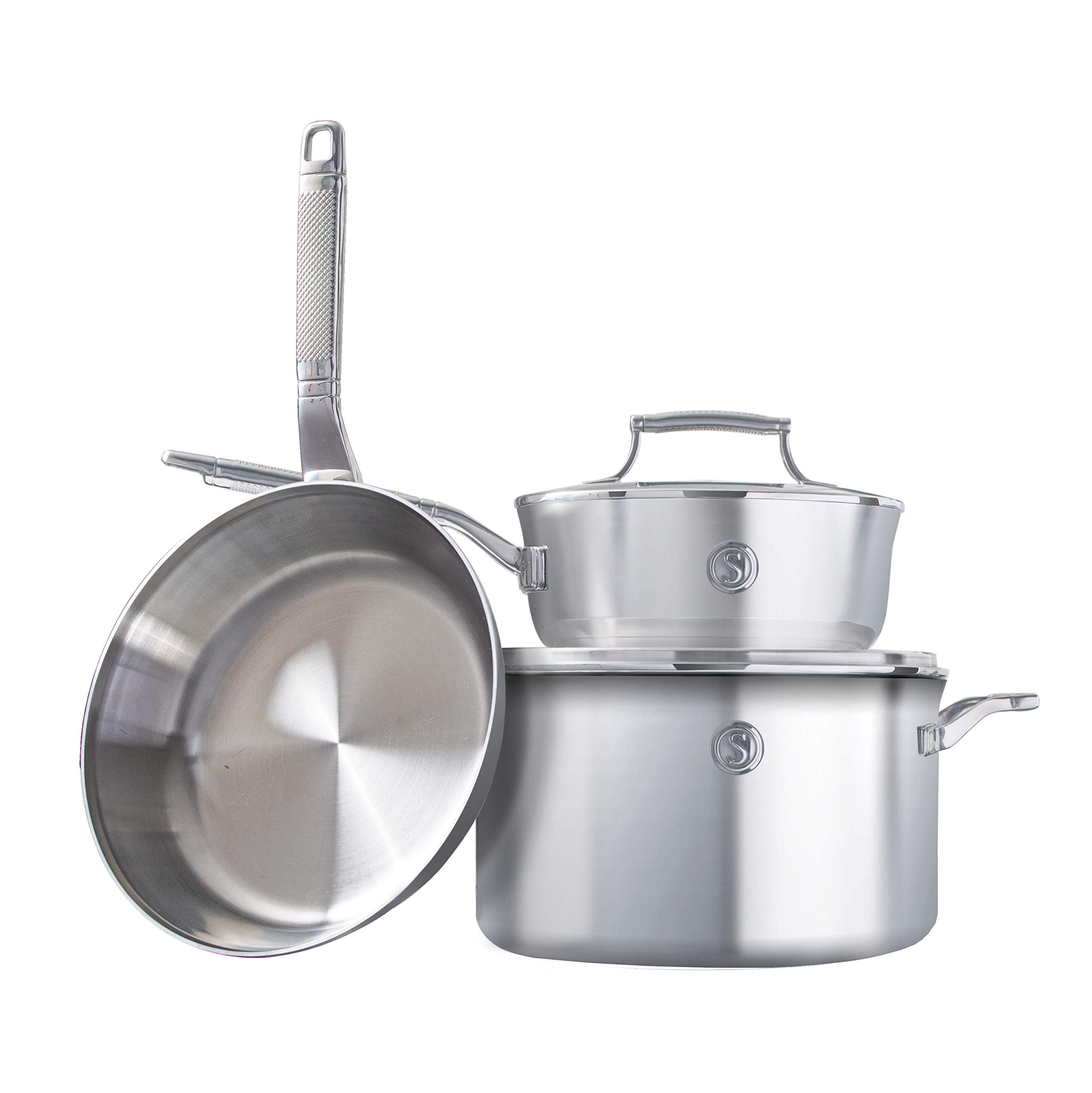 Premium 5-Piece Tri-Ply Stainless Steel Cookware Set - 3 Pots & Pans with 2 Interchangeable Lids - Induction Compatible & Dishwasher Safe - Voyage Series by Saveur Selects - Perfect for Home Cooking, Professional Chefs & Induction Stove Users