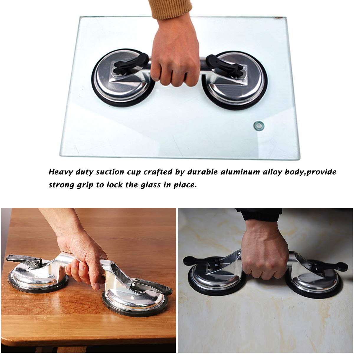 SOLUDE 4-Pack Heavy Duty Glass Suction Cup Lifters - Aluminum Vacuum Grippers for Moving Windows, Tiles, Mirrors & Granite - Double Gripper Sucker Plate for Home Renovation & Construction Projects