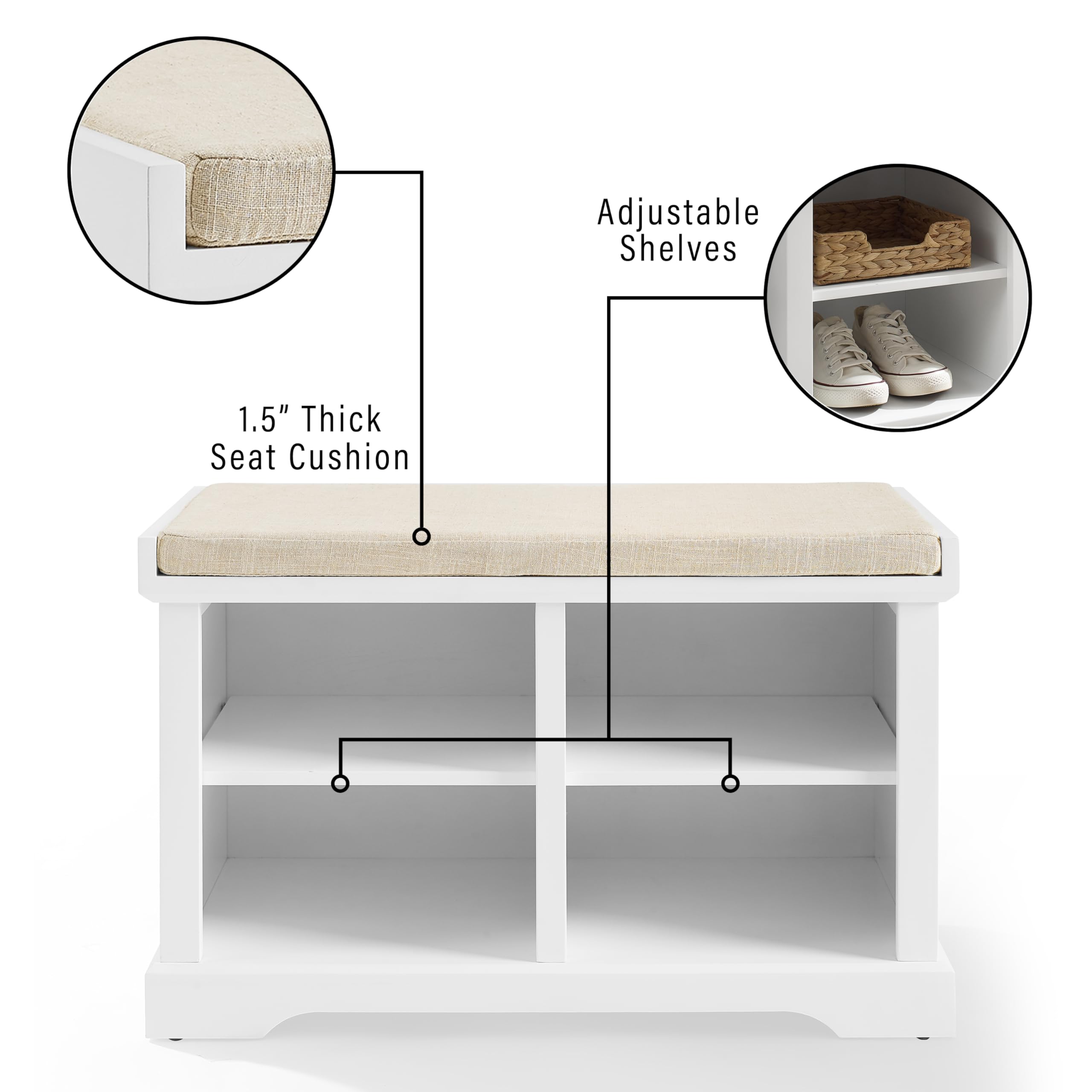 Crosley Anderson White Entryway Storage Bench with Shoe Rack & Organizer Shelves - Perfect for Small Spaces, Hallway Organization & Shoe Storage