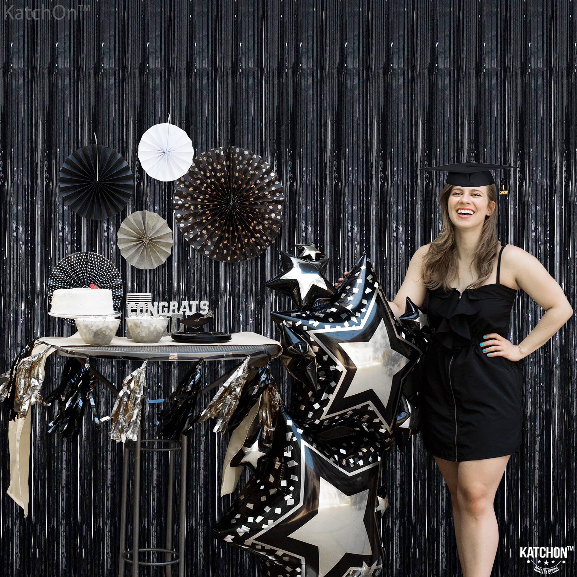 KatchOn XtraLarge Black Foil Streamers - 3.2x8 Feet, Pack of 2 | Shiny Black Backdrop for Birthday & Graduation Decorations 2025 | Party Supplies, Photo Booth Background, Stage Decor | Perfect for Events, Weddings, Baby Showers