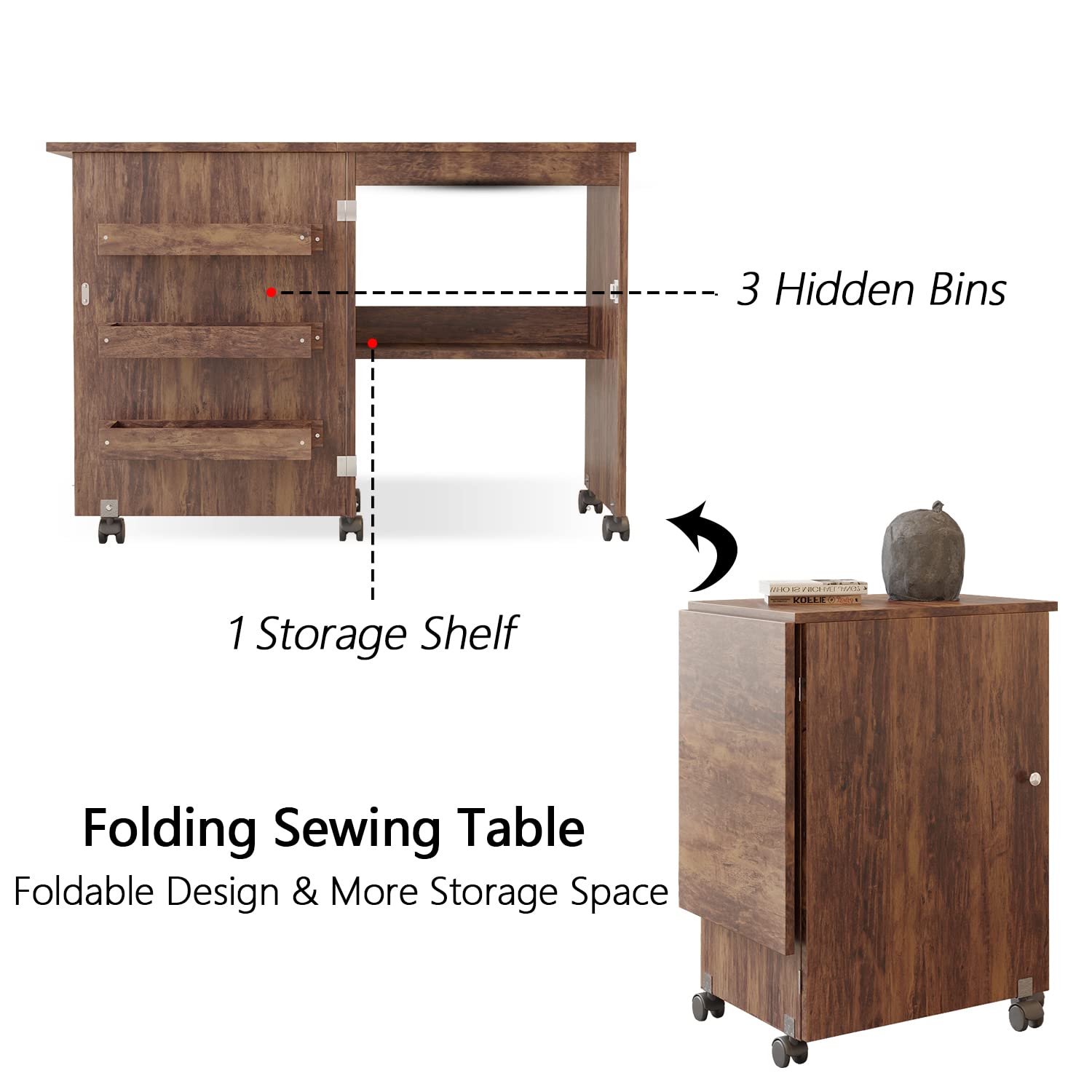 Usinso Folding Sewing Table with Storage Shelves - Multifunctional Rolling Sewing Machine Cart & Craft Cabinet, Portable Lockable Caster Desk for Sewing, Crafting & Computer Work (Rustic Brown) | Perfect for Home Studios, DIY Projects & Small Space Organization