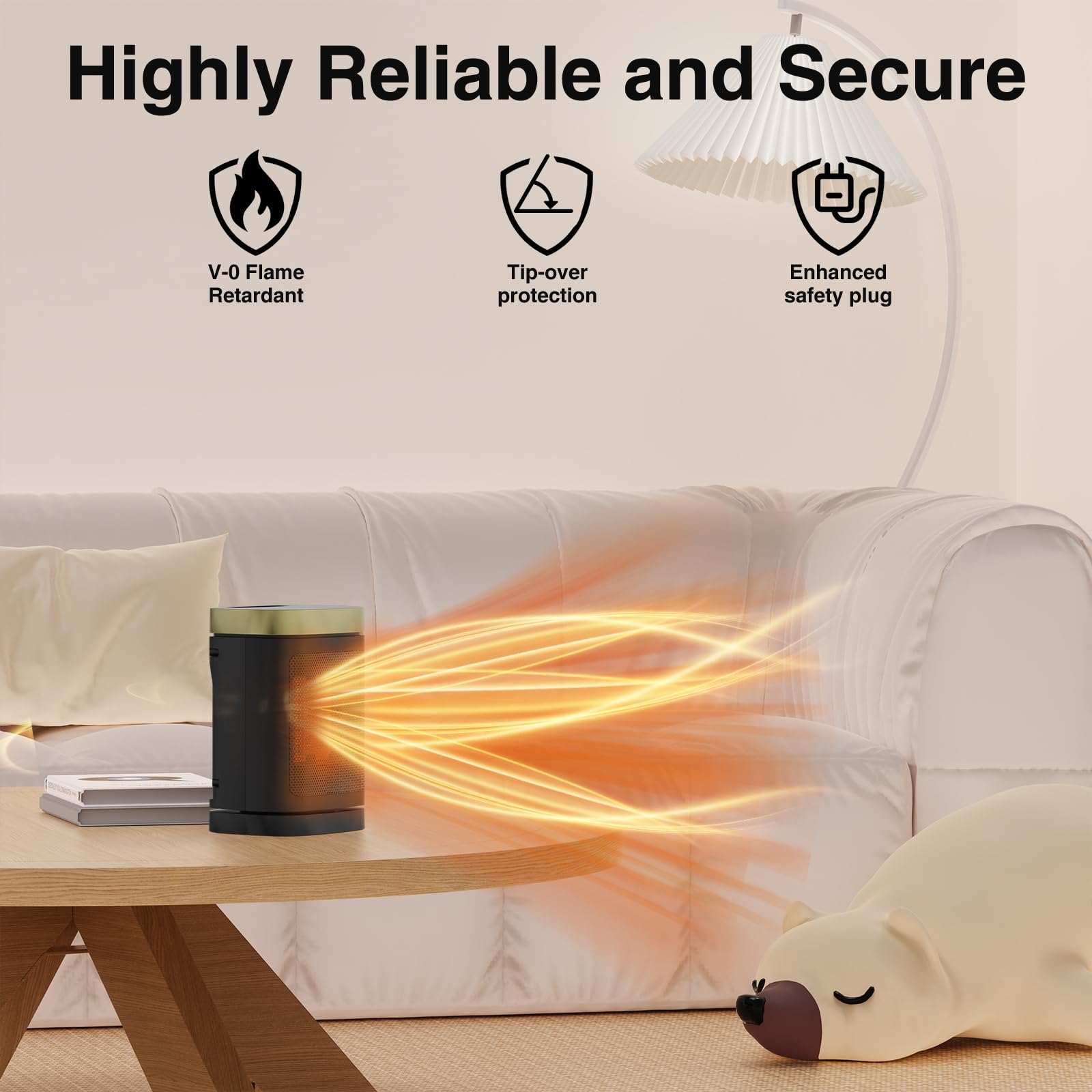 JIBUFI 1500W PTC Electric Space Heater - Portable Indoor Heater with 70° Rotation, Remote Control & 1-12 Hour Timer - Perfect for Bedroom, Office & Home Use - Energy Efficient & Quiet Heating Solution (Black/Gold)