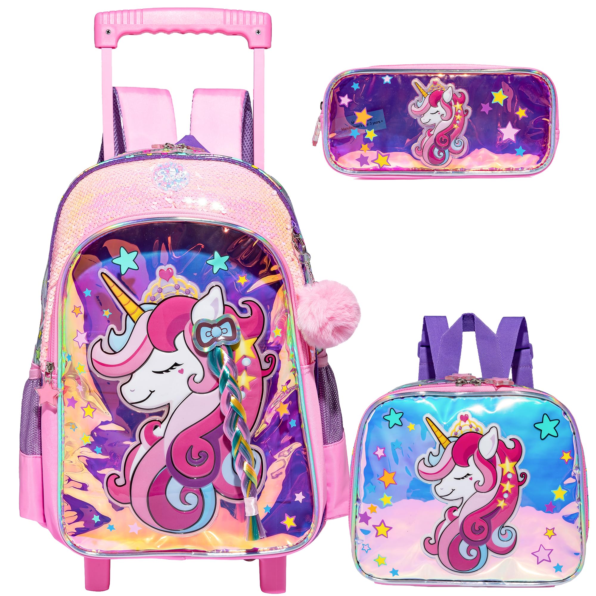 **Unicorn Rolling Backpack for Girls - Cute Wheeled School Backpack with Lunch Box & Pencil Case Set - Perfect for Elementary & Primary School Students - Great for Daily Use, Travel & Outdoor Activities**