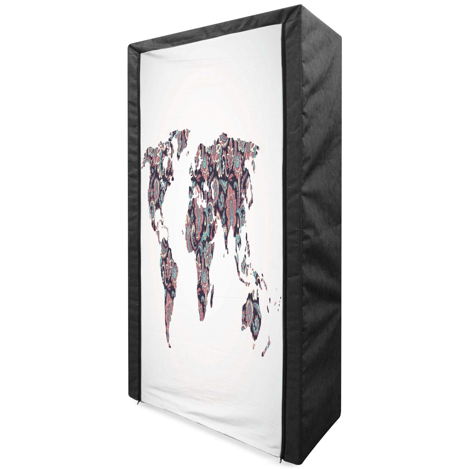 Ambesonne Floral World Map Portable Fabric Wardrobe - Paisley Leaves Eastern Style Clothing Organizer with Shelves, 33.5