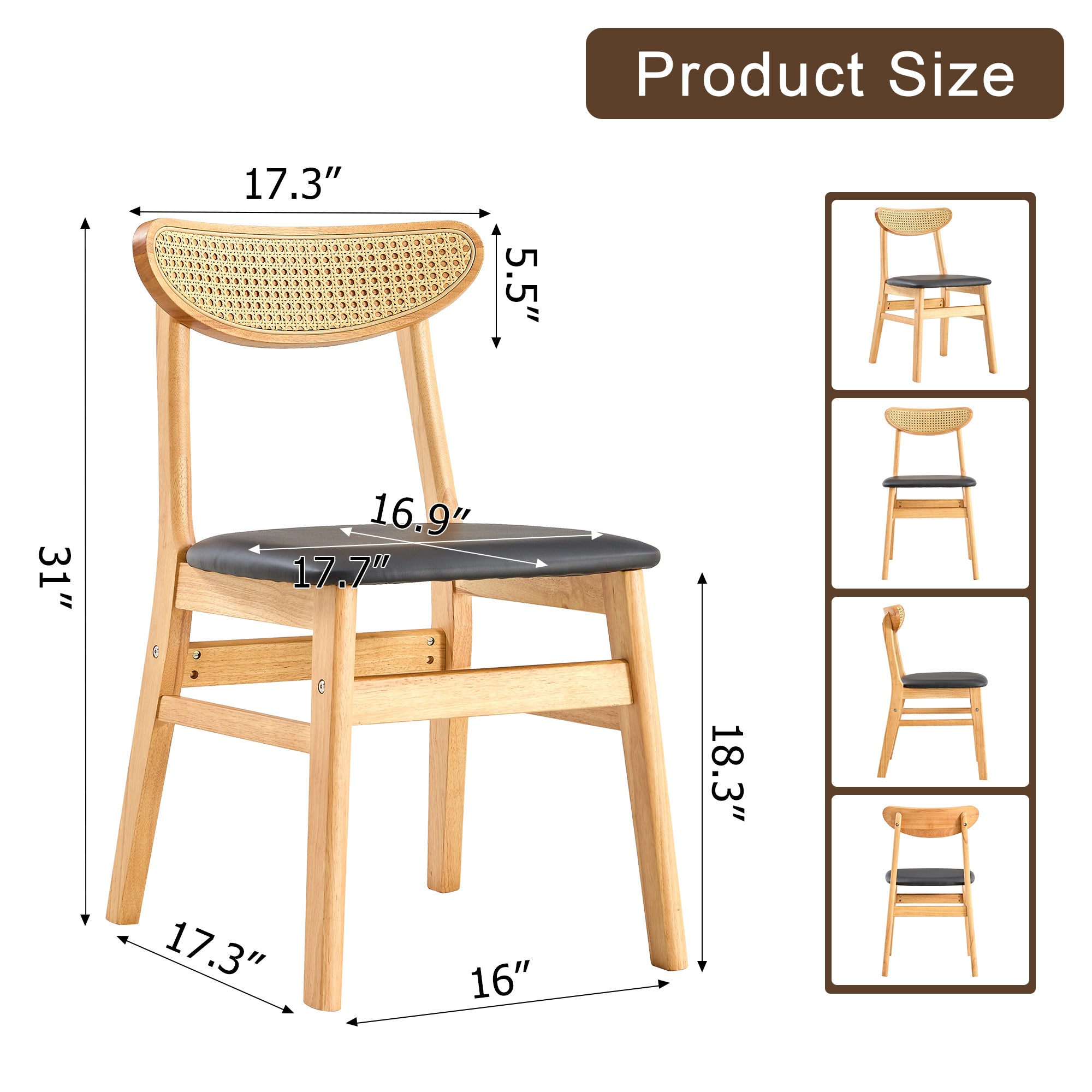 8-Piece Cozy Natural Rubberwood Dining Chair Set - Solid Wood & Rattan Style with Curved Back & PU Cushion - Perfect for Dining Room, Kitchen, Cafe & Home Decor