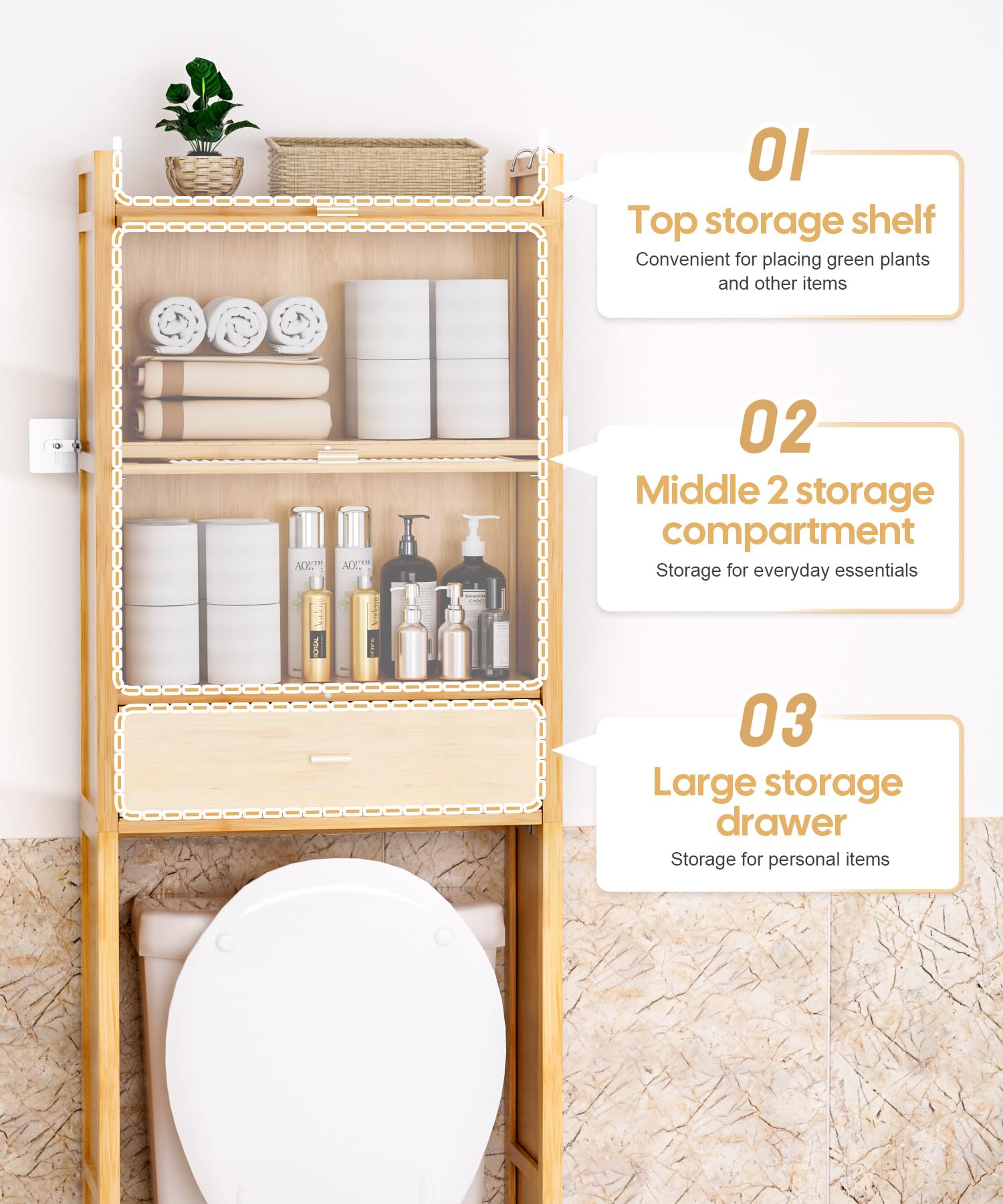 Over The Toilet Storage Cabinet with Drawer & Flip Door - Bamboo Bathroom Organizer Shelf | Anti-Tip Design, Waterproof Feet | Freestanding Space Saver for WC (Natural) - Perfect for Small Bathrooms, Apartments & Powder Rooms