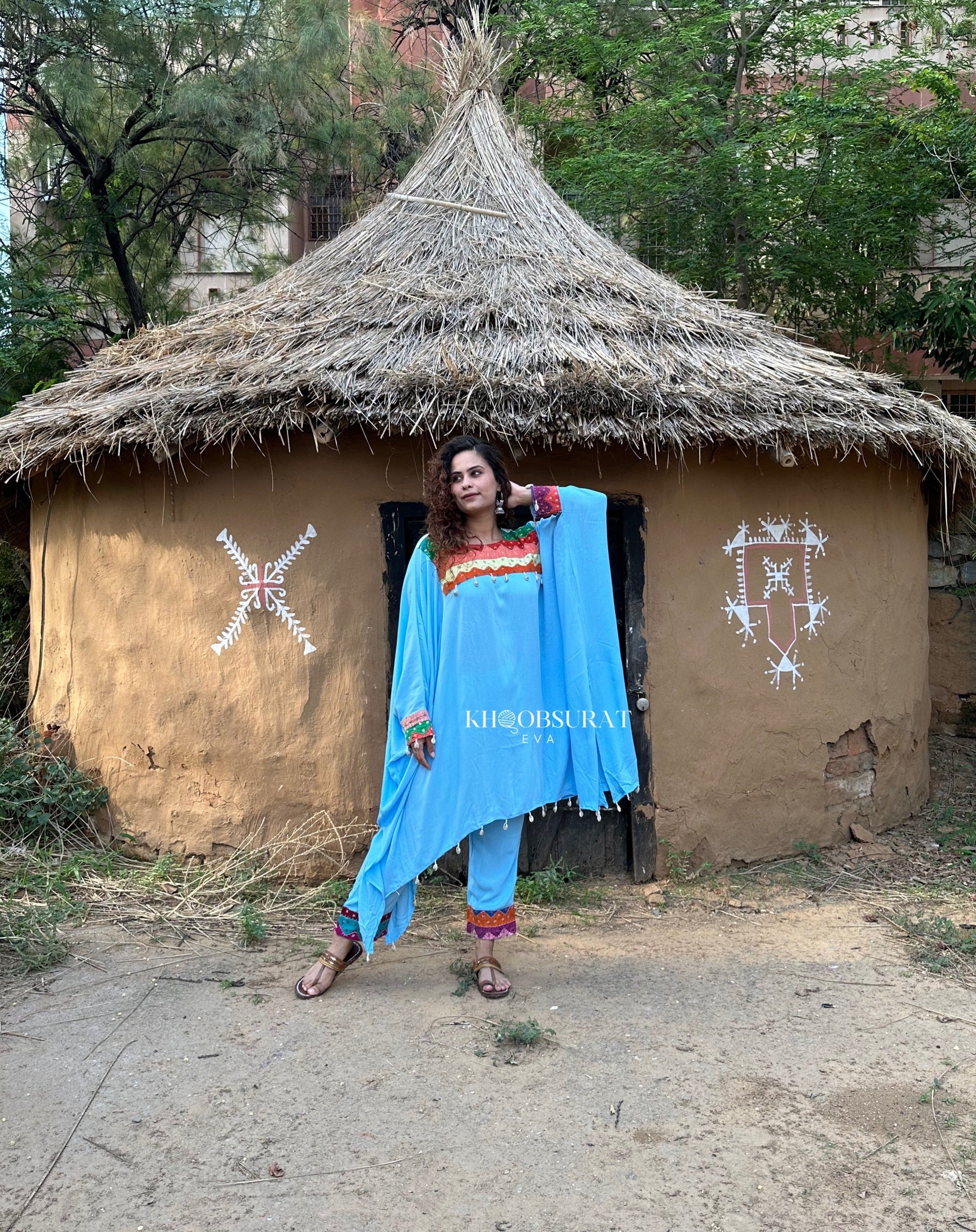 Boho Chic Blue Matching Outfit Set - Stylish & Comfortable Women's Two-Piece Coord for Casual Wear, Beach Vacation, and Summer Fashion