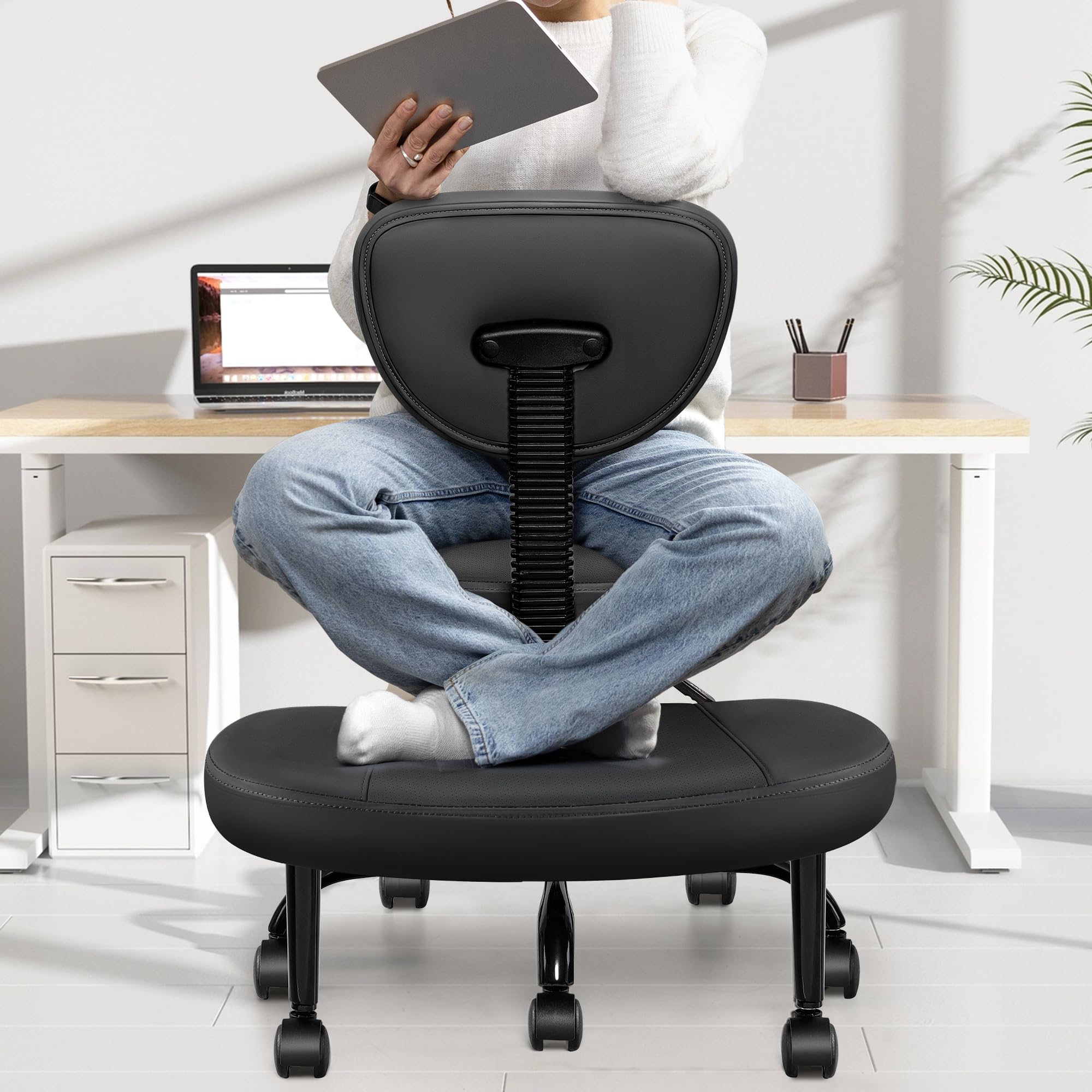 Primy Criss Cross Office Chair - Ergonomic Kneeling Chair for ADHD & Meditation - Adjustable Height with Wheels, Backrest & 360° Rotating Footrest - Perfect for Home Office, Yoga & Cross-Legged Sitting - Black