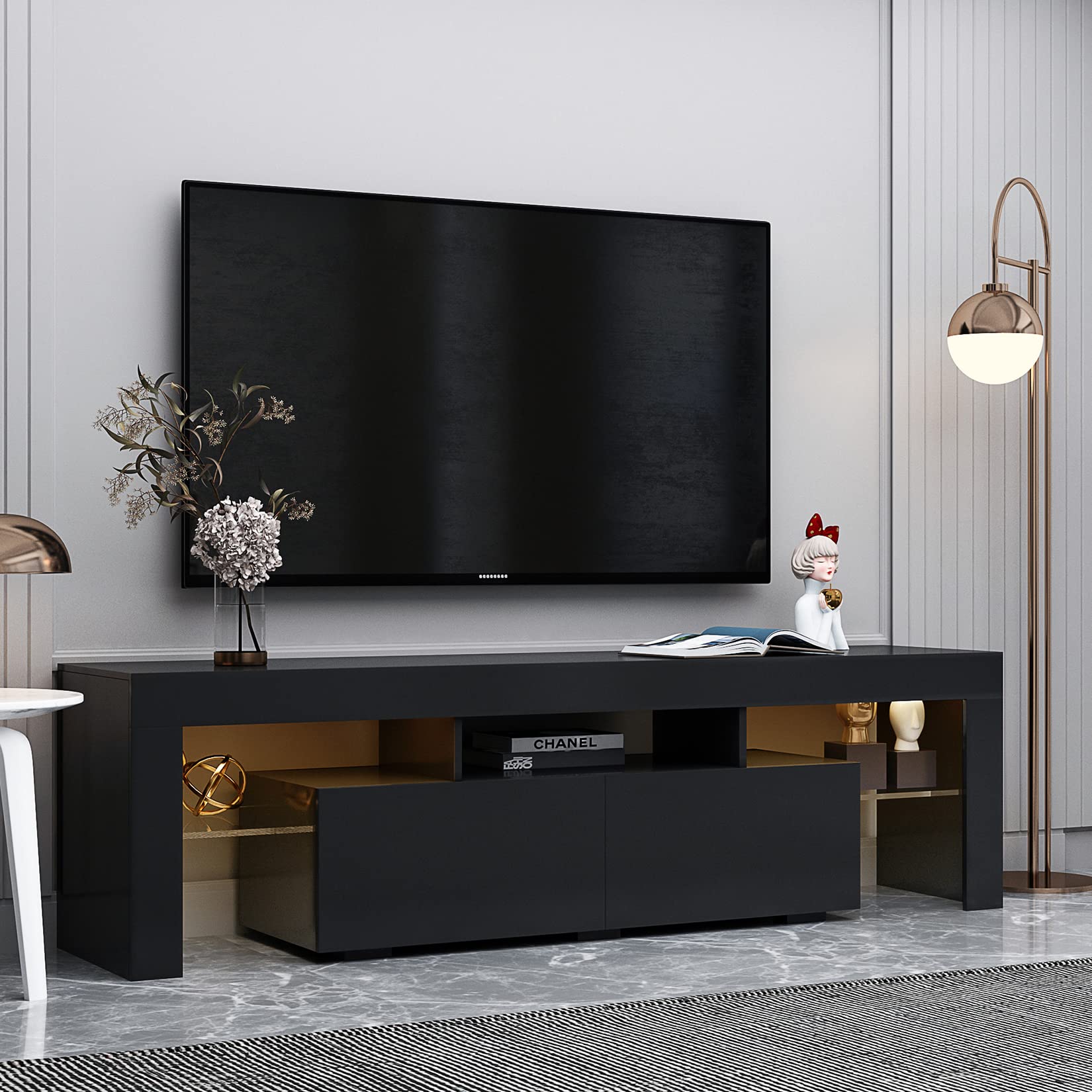Modern High Gloss TV Stand with LED Lights - Entertainment Center for 75 Inch TV, Black Wood Media Console with 2 Storage Drawers - Perfect for Living Room, Home Theater & Gaming Setup