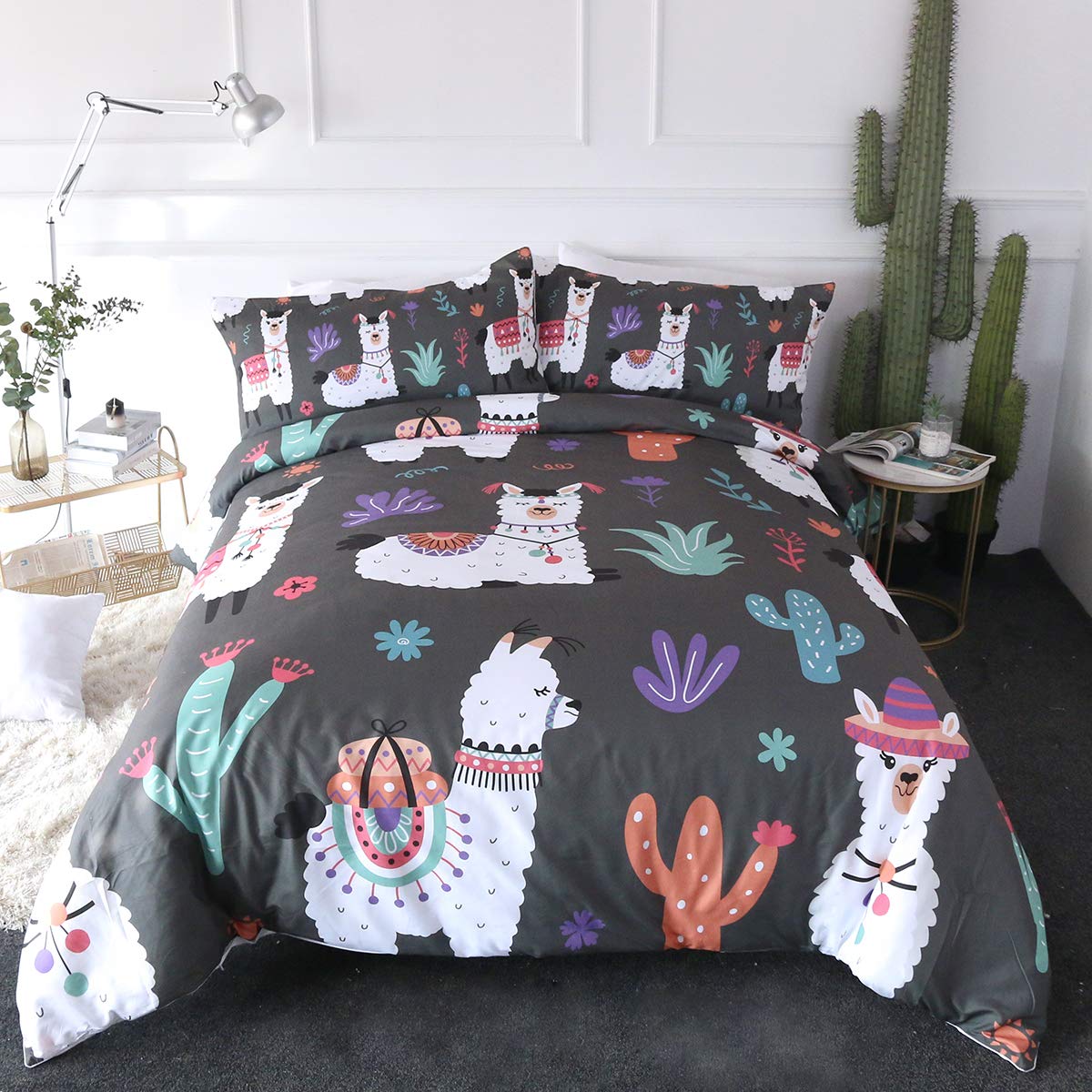 Soft Lightweight Cartoon Llama Alpaca Duvet Cover Set - Gray Boho Bedding 3 Piece Set with 1 Duvet Cover & 2 Pillowcases (Full/Queen Size) - Perfect for Kids' Rooms, Dorm Decor & Cozy Bedroom Makeovers