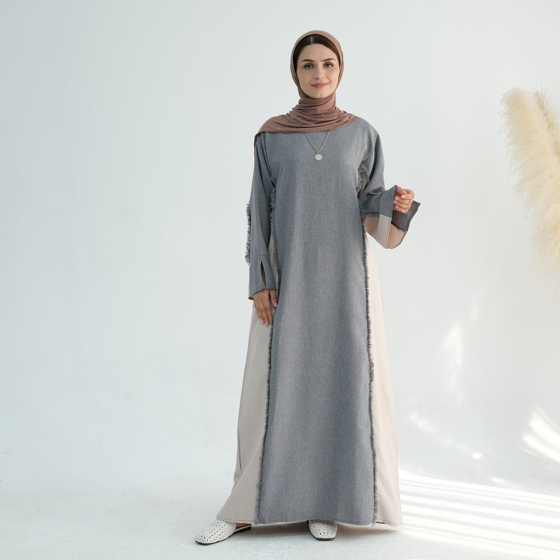 Blair Fringe Abaya Dress - Elegant Gray Islamic Modest Dress for Women | Perfect for Prayer, Eid, and Special Occasions
