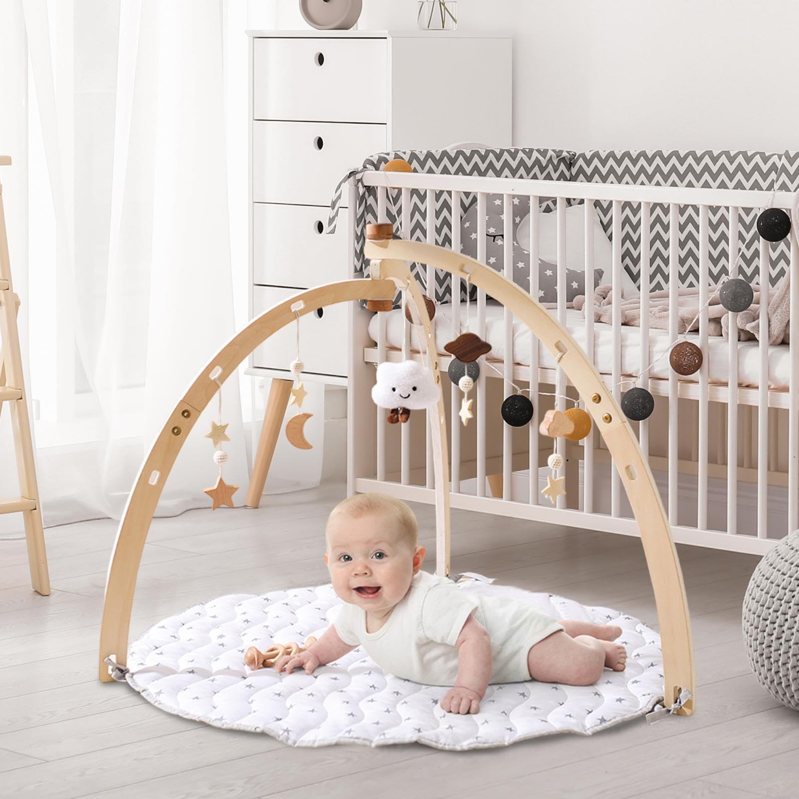 Wooden Baby Play Gym - Interactive Activity Center with Sensory Toys & Soft Mat for Infants & Toddlers | Montessori Learning, Tummy Time, Early Development Play Set