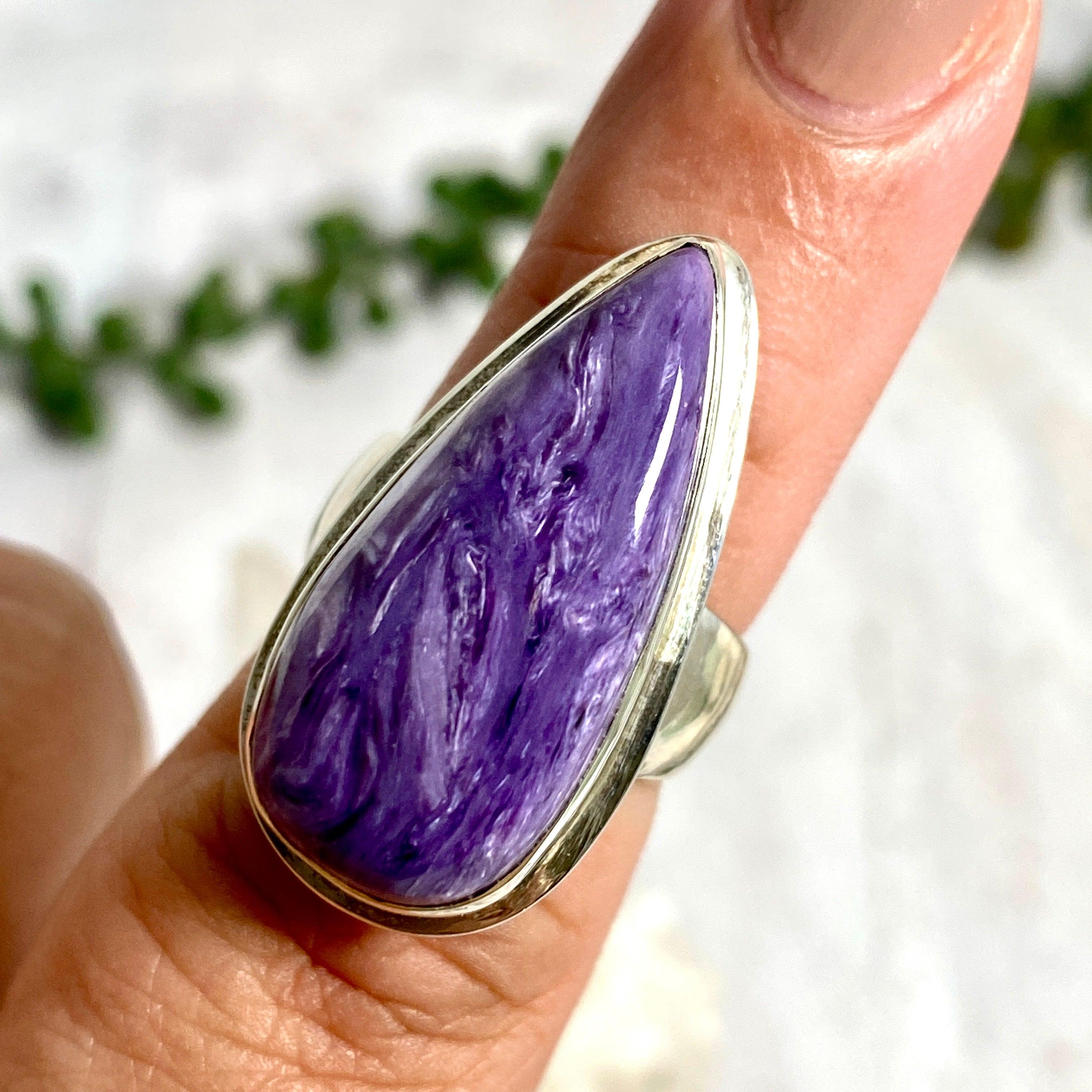 Charoite Teardrop Ring - Size 7 - KRGJ2077 - Elegant Purple Gemstone Jewelry for Women - Perfect for Weddings, Parties & Special Occasions