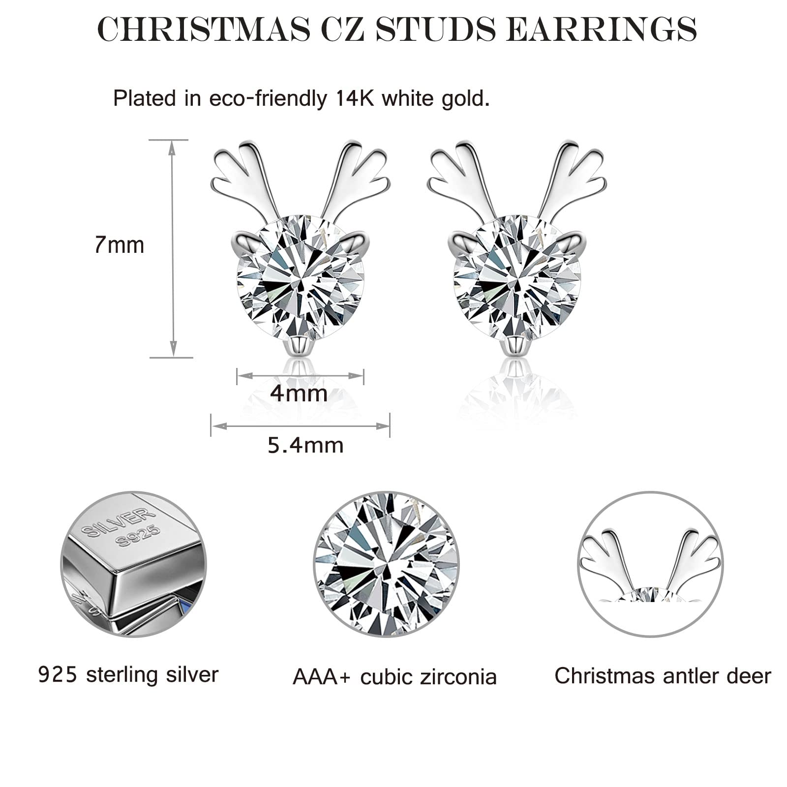 925 Sterling Silver Reindeer Earrings for Women - Hypoallergenic CZ Deer Antler Studs, Christmas & Birthday Gifts for Girls and Ladies - Perfect for Holiday Parties, Office Celebrations and Festive Outfits