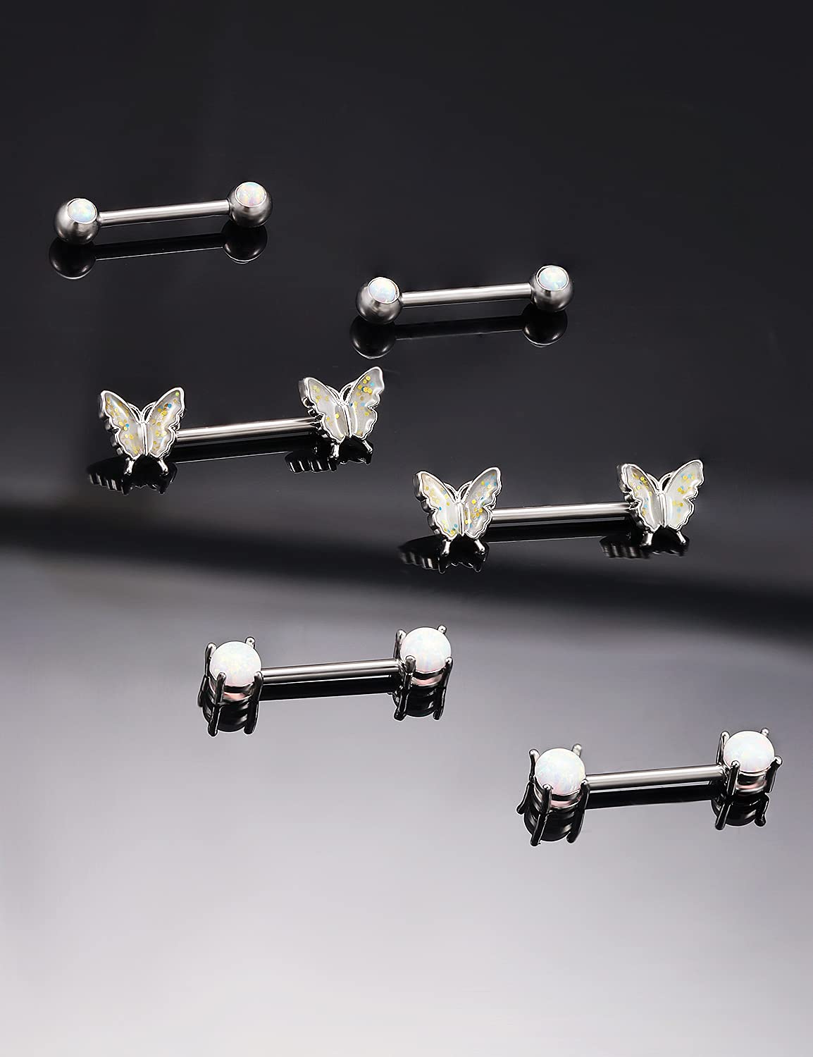 Vsnnsns 14G Stainless Steel Butterfly Nipple Rings with Opal - Surgical Steel Straight Bar Barbell Piercing Jewelry for Women (3 Pairs) - Perfect for Body Piercing, Everyday Wear & Unique Style