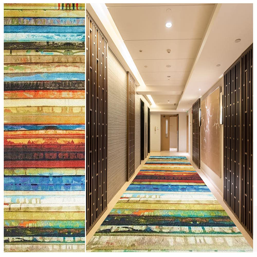 Non-Slip Abstract Runner Rug 2.6' x 12' - Washable Indoor Carpet with Rubber Backing for Hallway, Living Room, Kitchen, Dining & Bedroom - Red Yellow Green Design - Perfect for High Traffic Areas & Home Decor