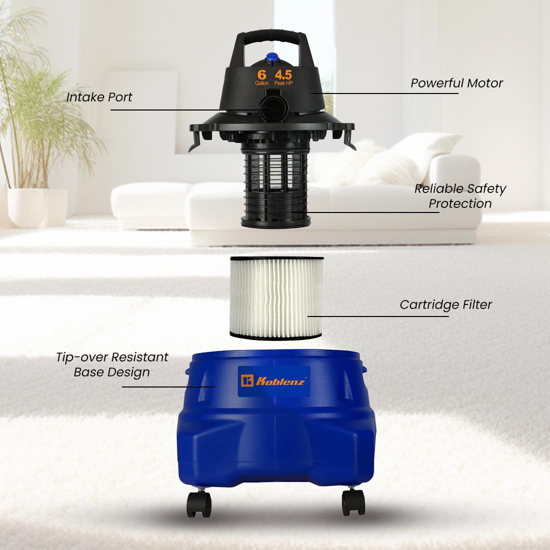Koblenz WD-6 L212 6 Gallon Portable Wet Dry Vacuum Cleaner - Powerful Black & Blue Shop Vac for Home, Garage, Workshop, and Car Cleaning