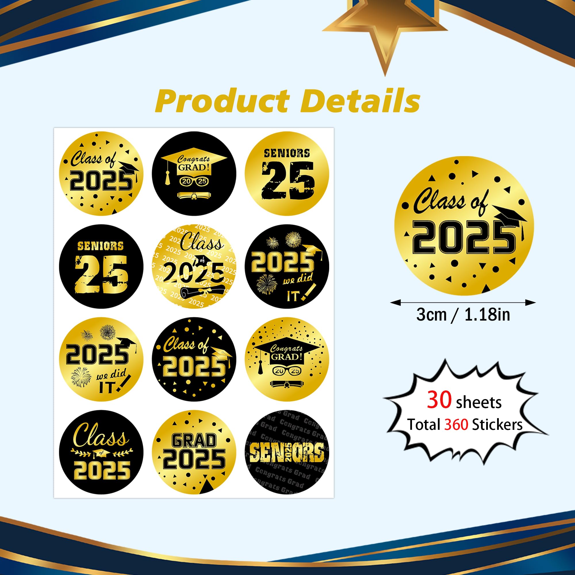 Lucleag 360 PCS 2025 Graduation Stickers - Class of 2025 Gold & Black Round Seal Stickers for Envelopes, Cards, Party Decorations - Perfect for Graduation Invitations, Diploma Covers, Candy Wraps and School Celebration Supplies