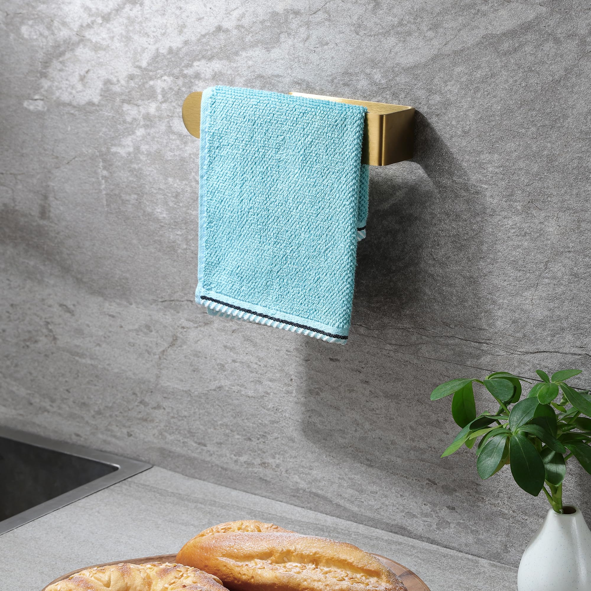 Taozun Adhesive Towel Rack - Gold Stainless Steel Brushed Wall Mount Hand Towel Holder for Bathroom (2 Pack) | Space-Saving Solution for Small Bathrooms & Kitchen Towel Organization