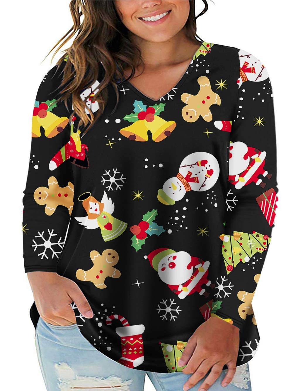 VISLILY Plus Size Christmas Shirts for Women - Holiday Tops Casual Tunics Tee - Festive Holiday Party, Family Gathering & Office Outfit
