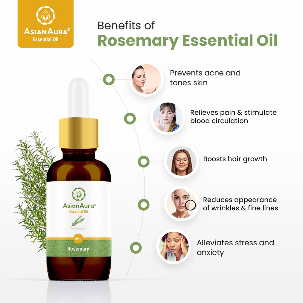 Pure Rosemary Essential Oil - 100% Natural, Undiluted & Steam Distilled for Aromatherapy, Skin & Hair Care | Therapeutic Grade 15ml Essential Oil for Diffusers, Yoga, Meditation, Spa & Home Fragrance | Perfect for Relaxation, Stress Relief & Mood Enhancement