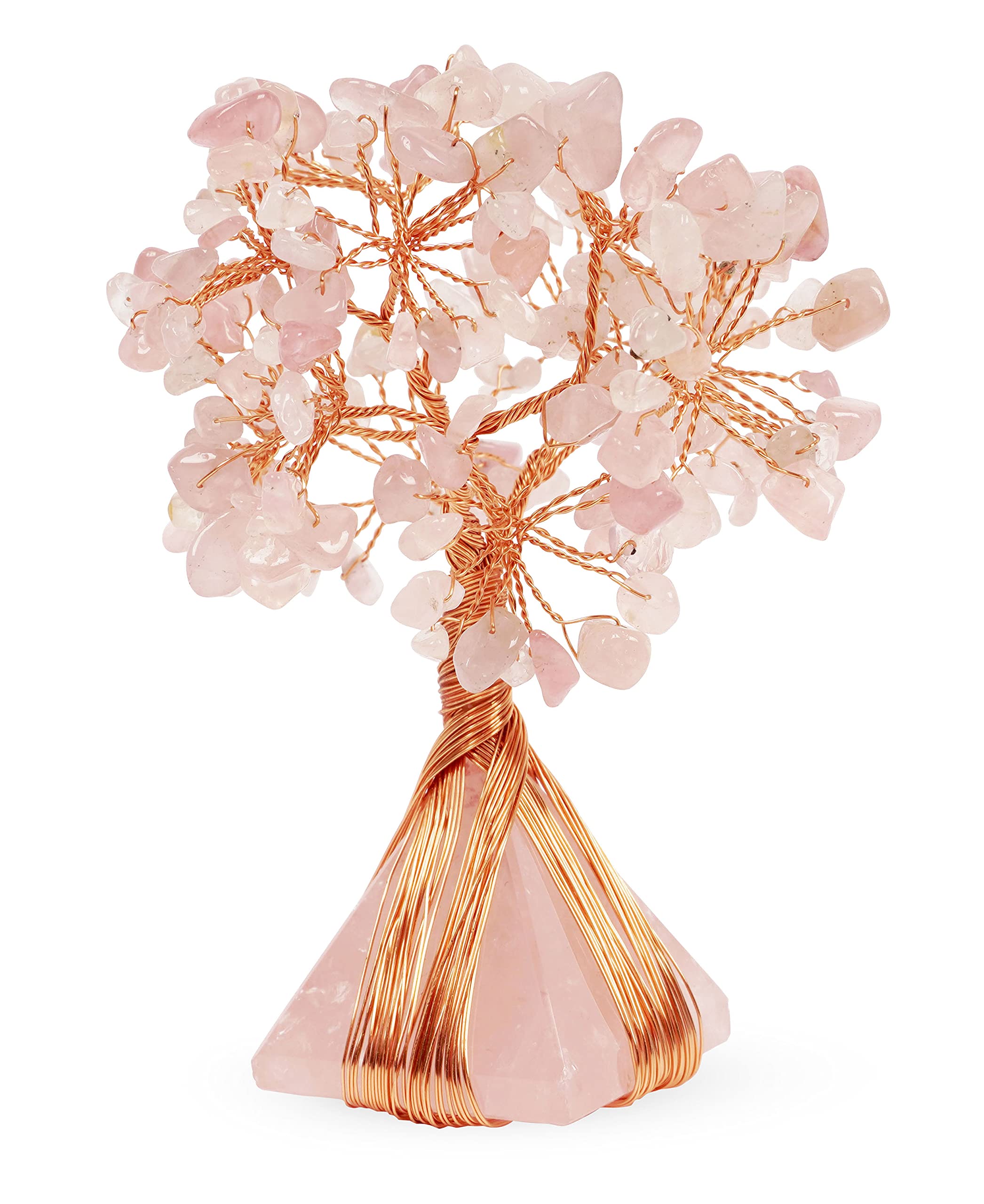 Rose Quartz Copper Wire Bonsai Tree - Feng Shui Healing Crystal Decor with Pyramid Base | Home Office Meditation Zen Gift