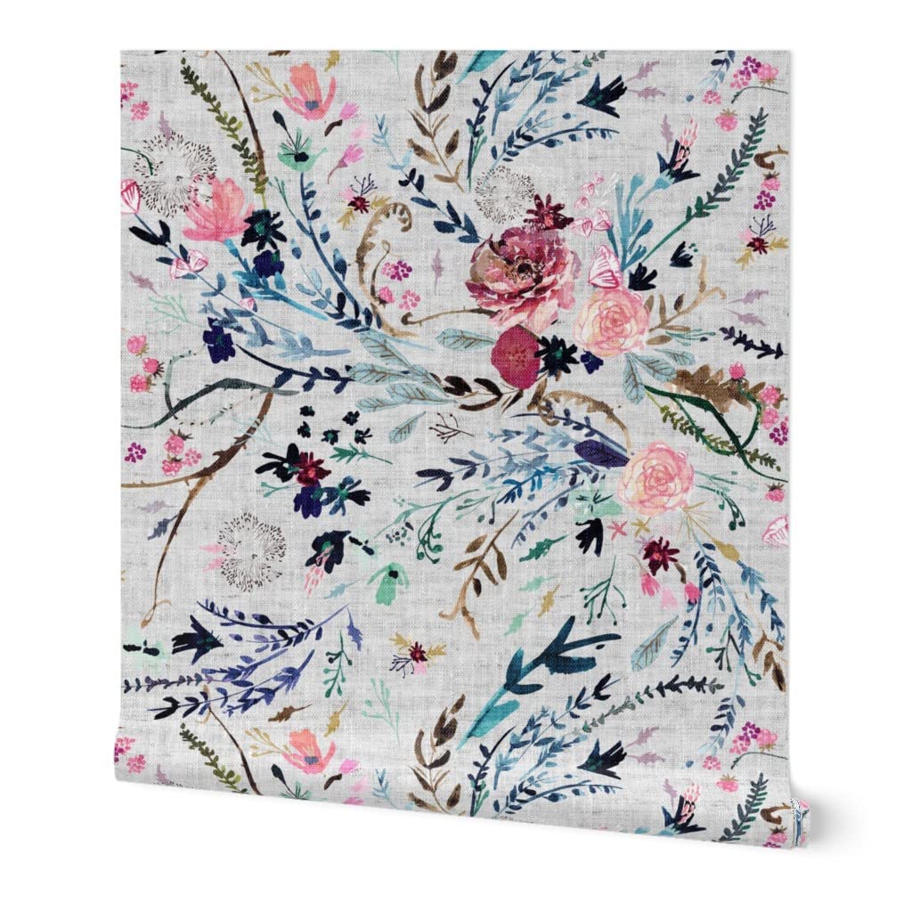 Commercial Grade Wallpaper Swatch - Fable Floral Grey Romantic Textured Meadow Wildflower Traditional Wallpaper by Spoonflower | Perfect for Bedroom, Living Room & Office Decor