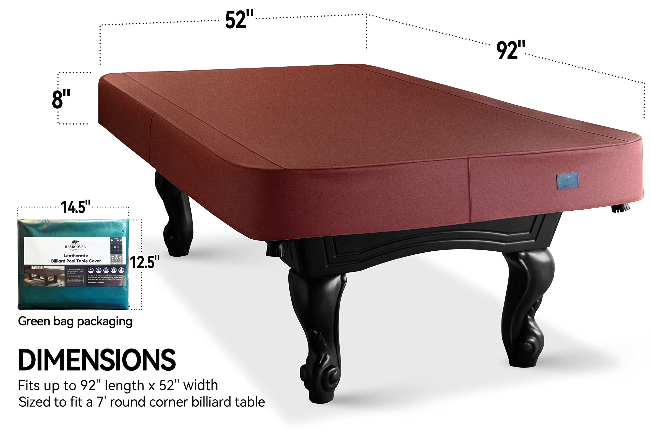 Heavy Duty Leatherette Pool Table Cover - Waterproof & Tearproof Billiard Table Protector for 7/8/9FT Tables, Bordeaux Red (7 Feet) - Perfect for Home Game Rooms, Bars, and Clubs