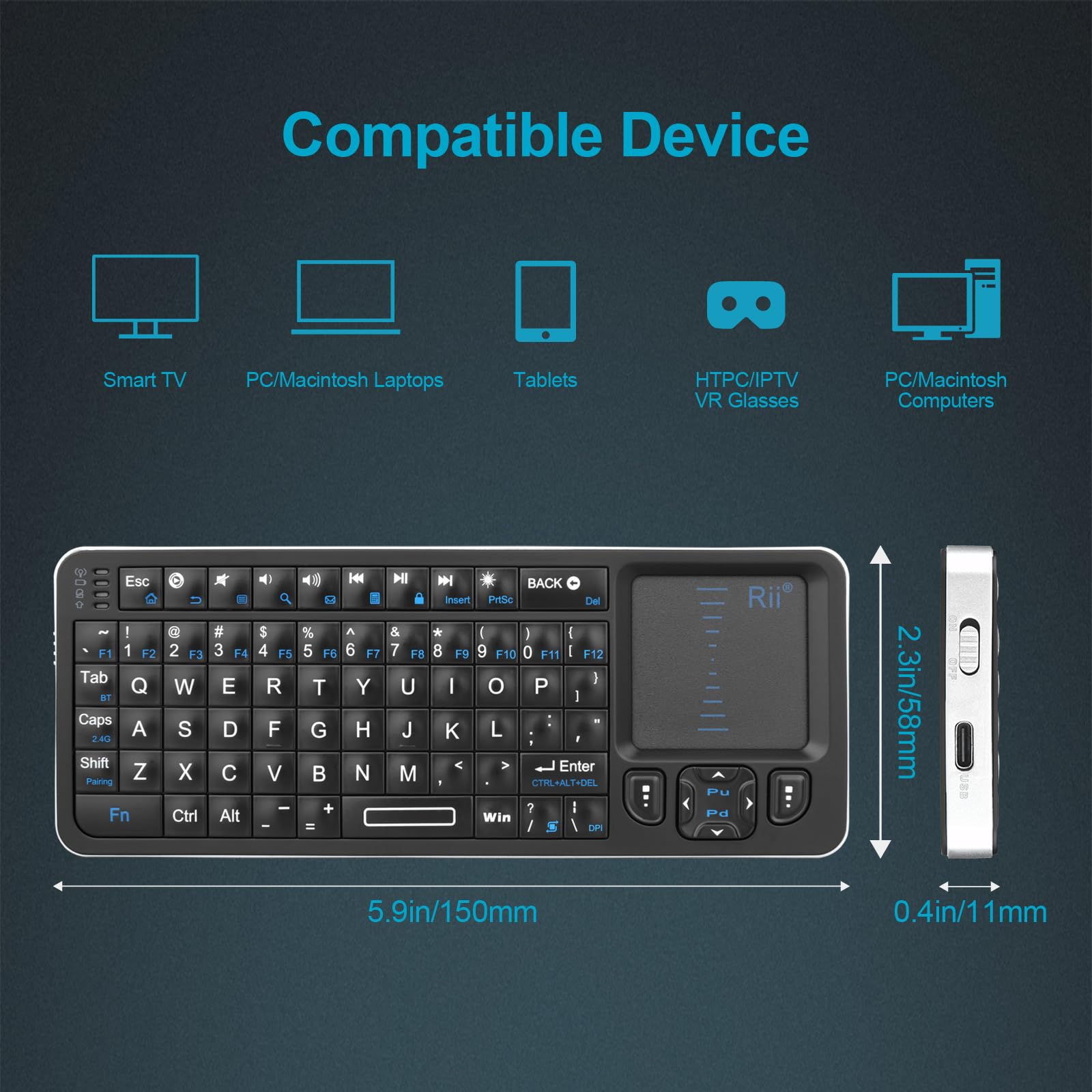 Rii Mini Bluetooth Keyboard K06 - Backlit Wireless Keyboard with IR Learning TV Remote, Portable Touchpad Keyboard for Android TV Box, Projector, Laptop, PC (Windows, Mac, Android) - Perfect for Home Entertainment & Office Work