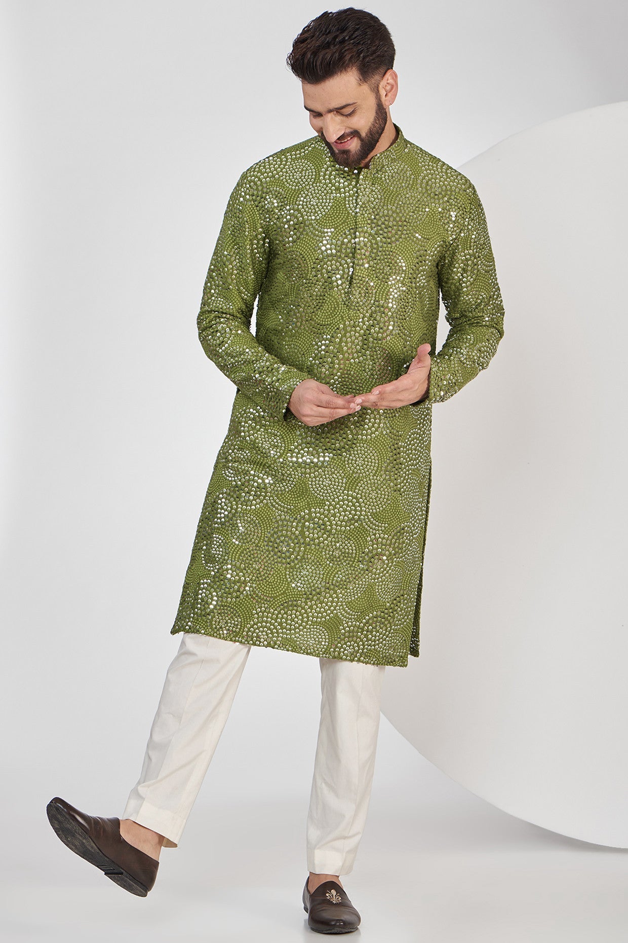 Mehndi Green Sequenced Kurta for Women - Elegant Embroidered Indian Tunic Top for Festivals, Weddings & Special Occasions