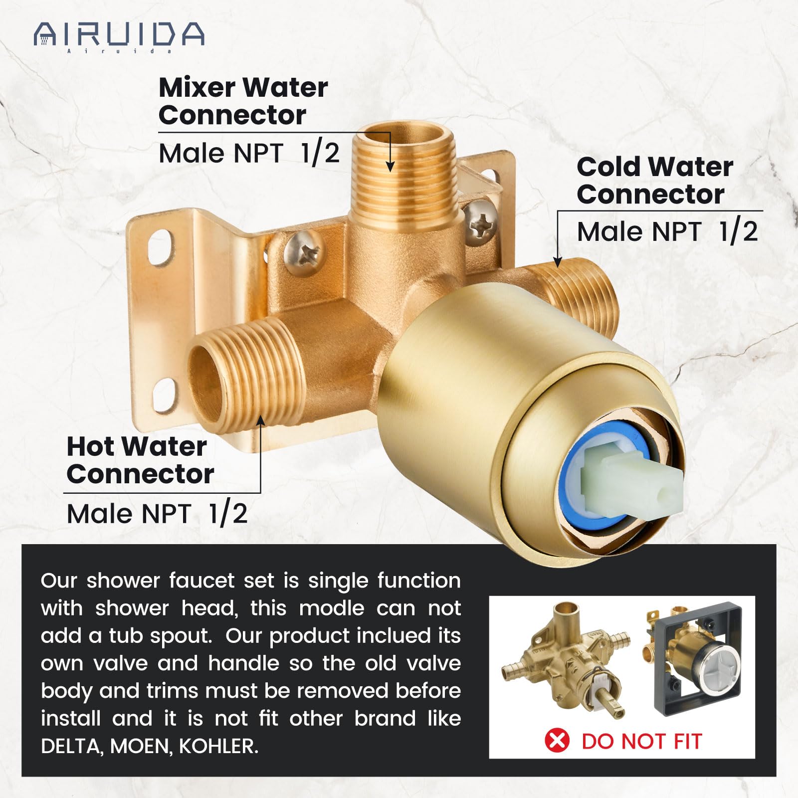 Airuida Brushed Gold Ceiling Mount Rainfall Shower System - 10 Inch Square Shower Head with Single Function Trim Kit, Male Threads & Rough-in Valve | Perfect for Modern Bathroom Renovations & Spa-Like Shower Experience