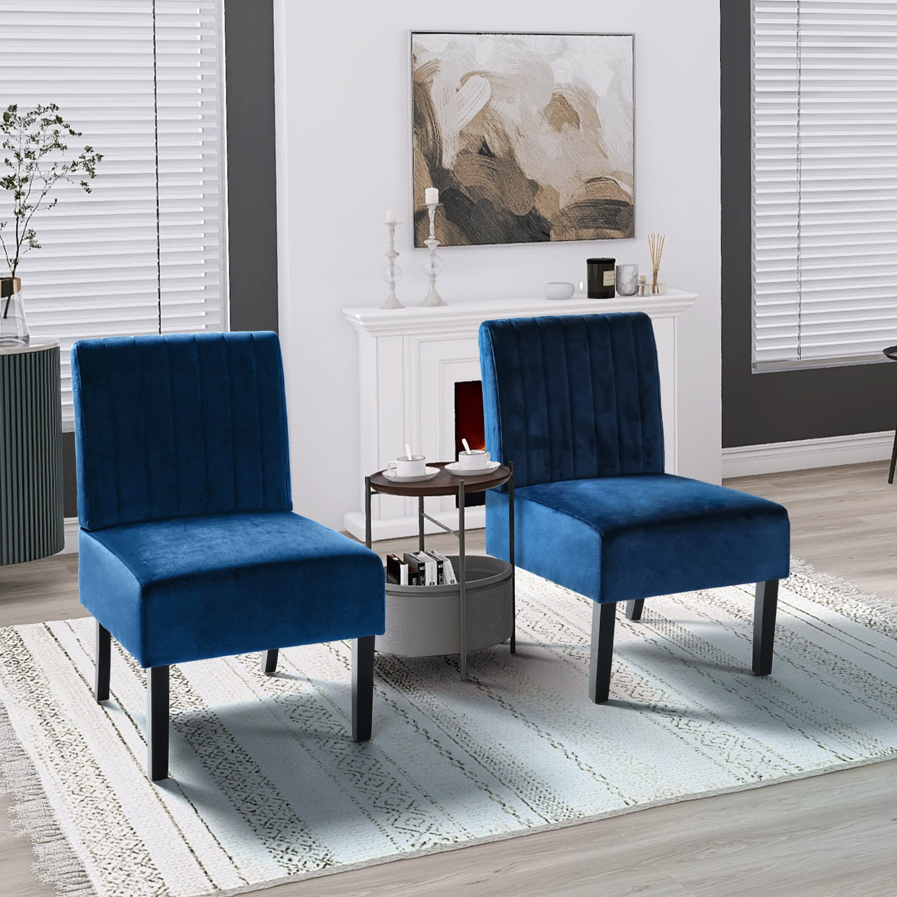 Modern Velvet Armless Accent Chair Set of 2 - Navy Blue Slipper Chairs for Bedroom, Living Room & Vanity - Stylish Decorative Side Chairs for Small Spaces & Cozy Corners