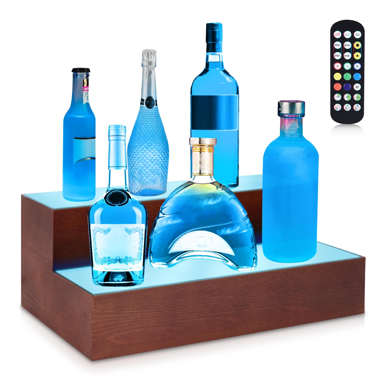 2-Tier LED Liquor Bottle Display Shelf - 16 Inch USB-Powered for Whiskey, Wine & Coffee Bottles - Holds 10 Bottles - Perfect for Bars, Restaurants & Home Decor