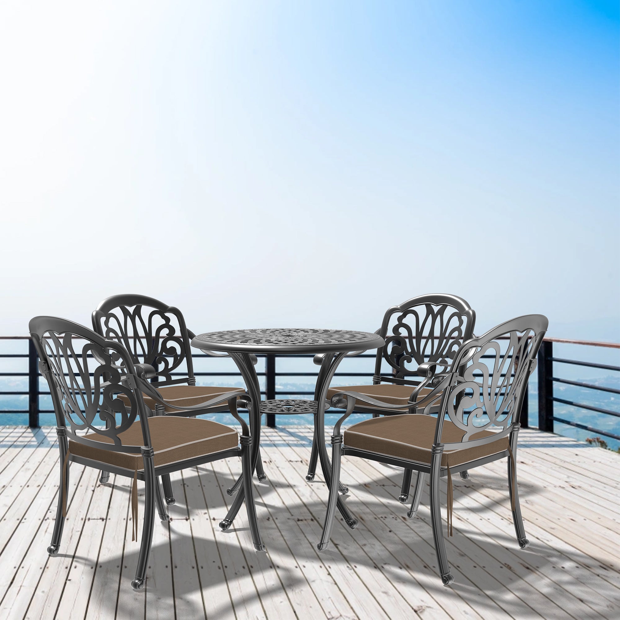 5-Piece Cast Aluminum Patio Furniture Set with Cushions (Random Colors) - Durable Outdoor Dining & Lounge Set for Garden, Poolside, and Backyard Relaxation