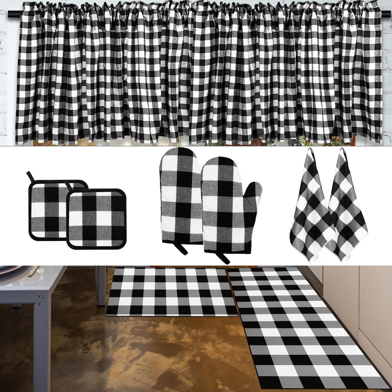 Newwiee 10-Piece Farmhouse Kitchen Decor Set - Plaid Style Dish Towels, Pot Holder, Oven Mitts, Non-Slip Rug & Window Valances - Black & White Holiday Baking & Cooking Essentials for Rustic Home Decor