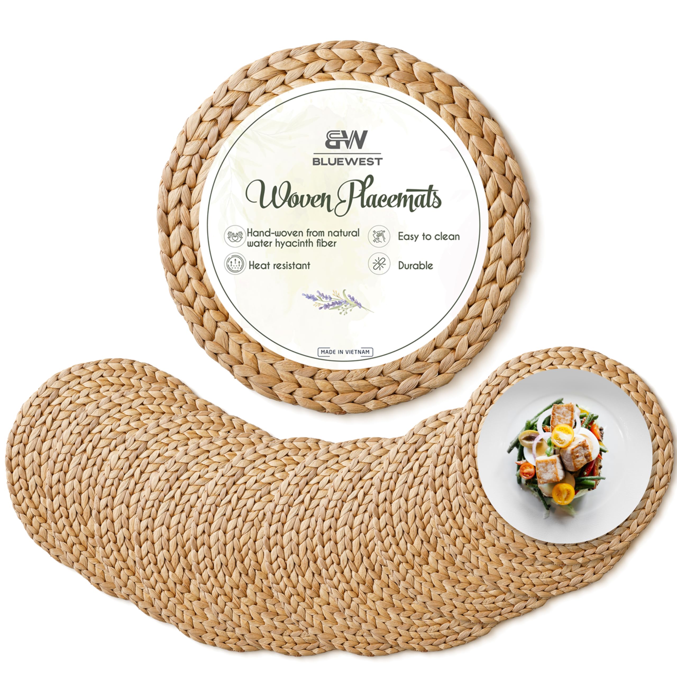 BLUEWEST Woven Round Placemats Set of 10 - 13 Inch Rattan Water Hyacinth Braided Placemats, Heat Resistant & Durable for Plates - Perfect for Dining Table, Kitchen, and Outdoor Entertaining