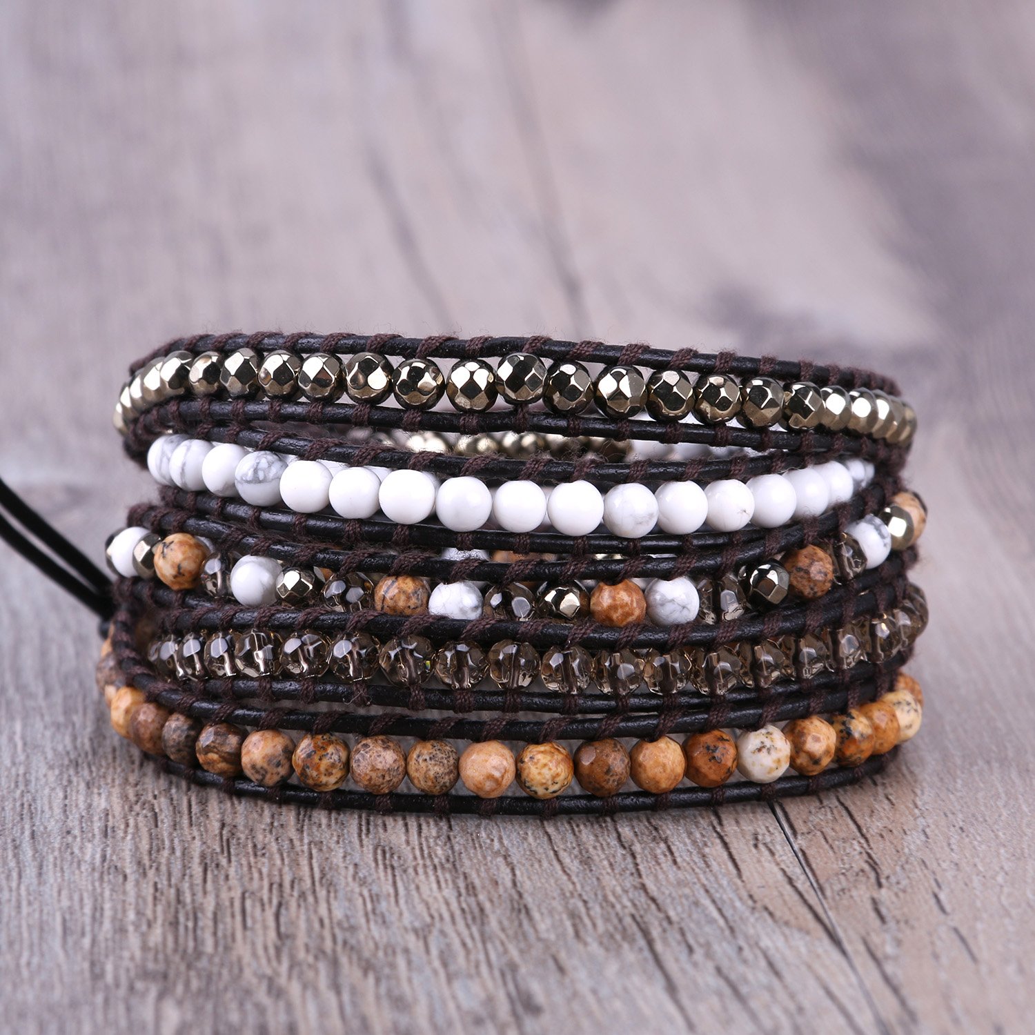 KELITCH Women's Crystal Agate Beaded Wrap Bracelet - 5 Layer Handmade Leather Bracelet with Miyuki Beads for Boho Chic Style | Perfect for Festival, Party & Everyday Wear