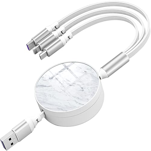 Naiadiy 66W Super Fast Charging Cable 3.3Ft - Retractable 3-in-1 USB C/Micro USB/Lightning Cable (6A) for iPhone, Samsung, iPad - White Marble Design | Perfect for Travel, Office & Home Charging