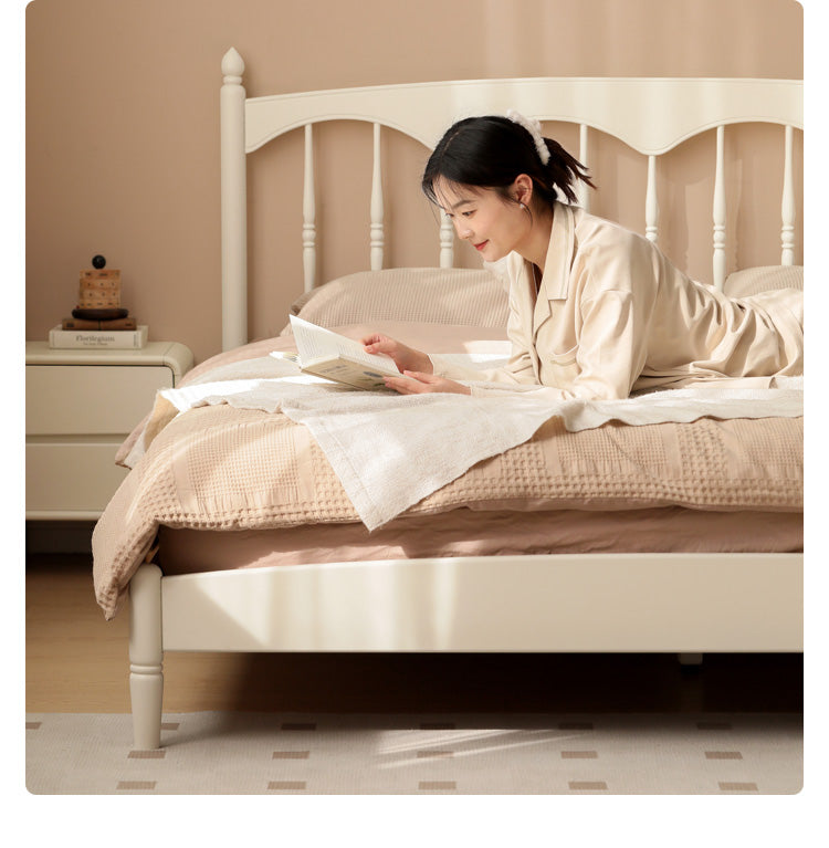 French Cream Style Poplar Solid Wood Bed - Elegant & Durable Bedroom Furniture for Master Bedroom, Guest Room, or Kids Room